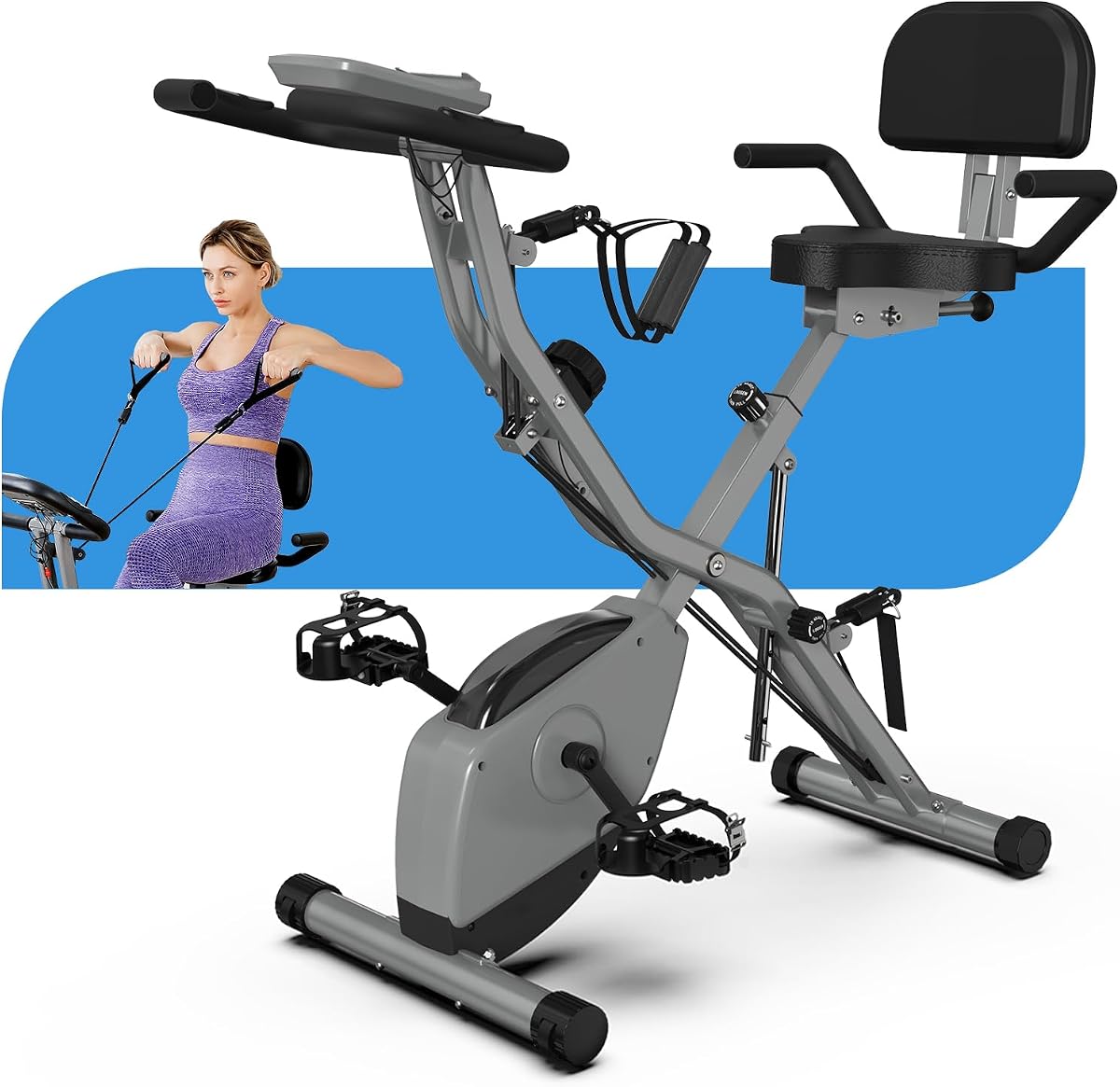 LINBOL Foldable Exercise Bike for Seniors, 5 IN 1 Indoor Stationary Bike with 16-Level Magnetic Resistance and Tri-Position Ride, 300LBS Capacity, 6.6 LBS Flywheel, Designed for Home Workout 817 Black