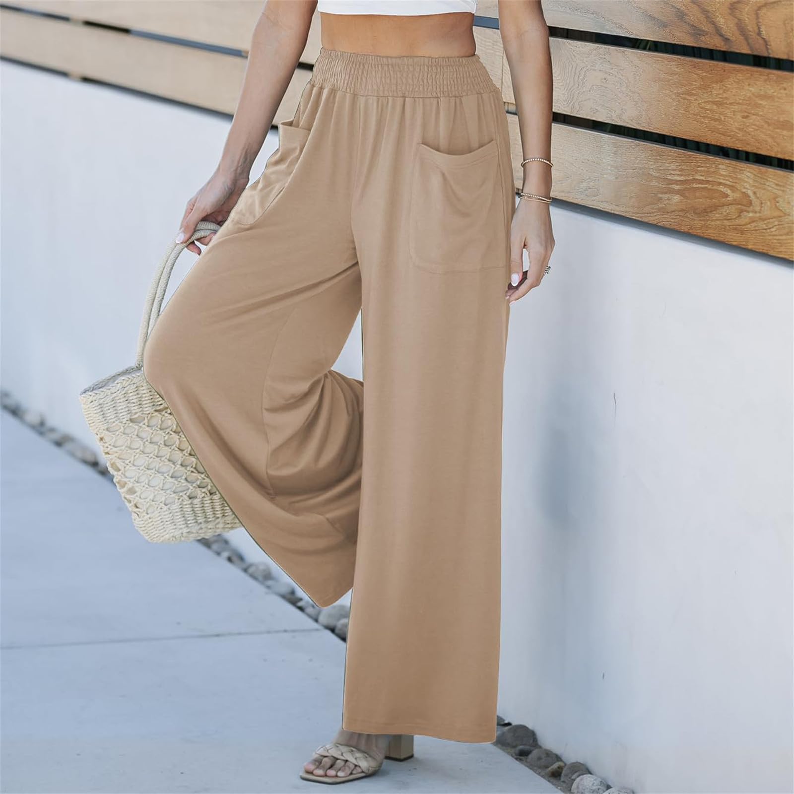 Wide Leg Pants for Women Casual Lightweight Soft Comfy Beach Yoga Trousers Summer Loose Fit Fashion Palazzo Pant Khaki