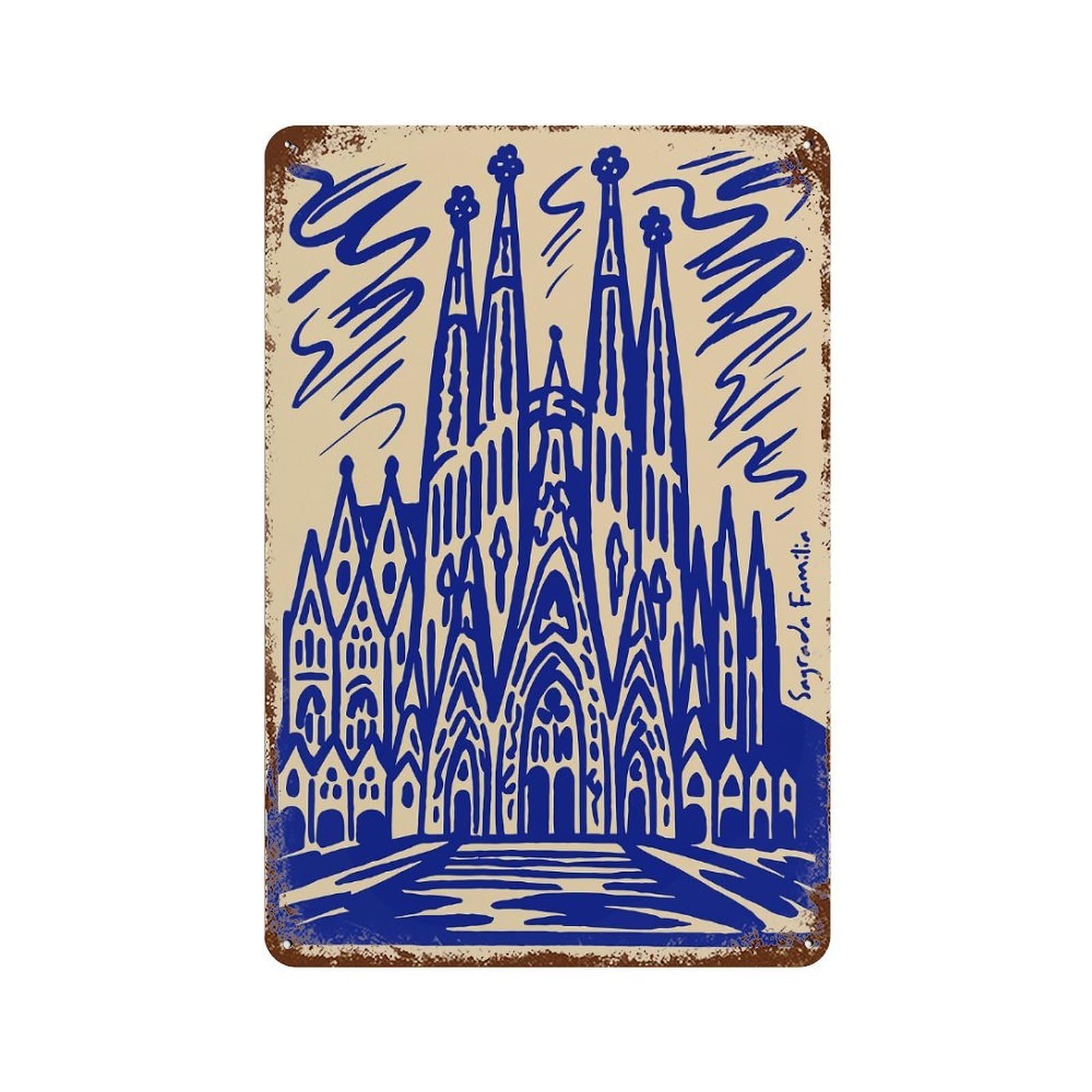 Sagrada Familia, Barcelona, Spain, Illustration Rust Effect Tin Sign 11.8"x7.9", Retro Wall Decor for Pub, Kitchen And Man Cave Decor