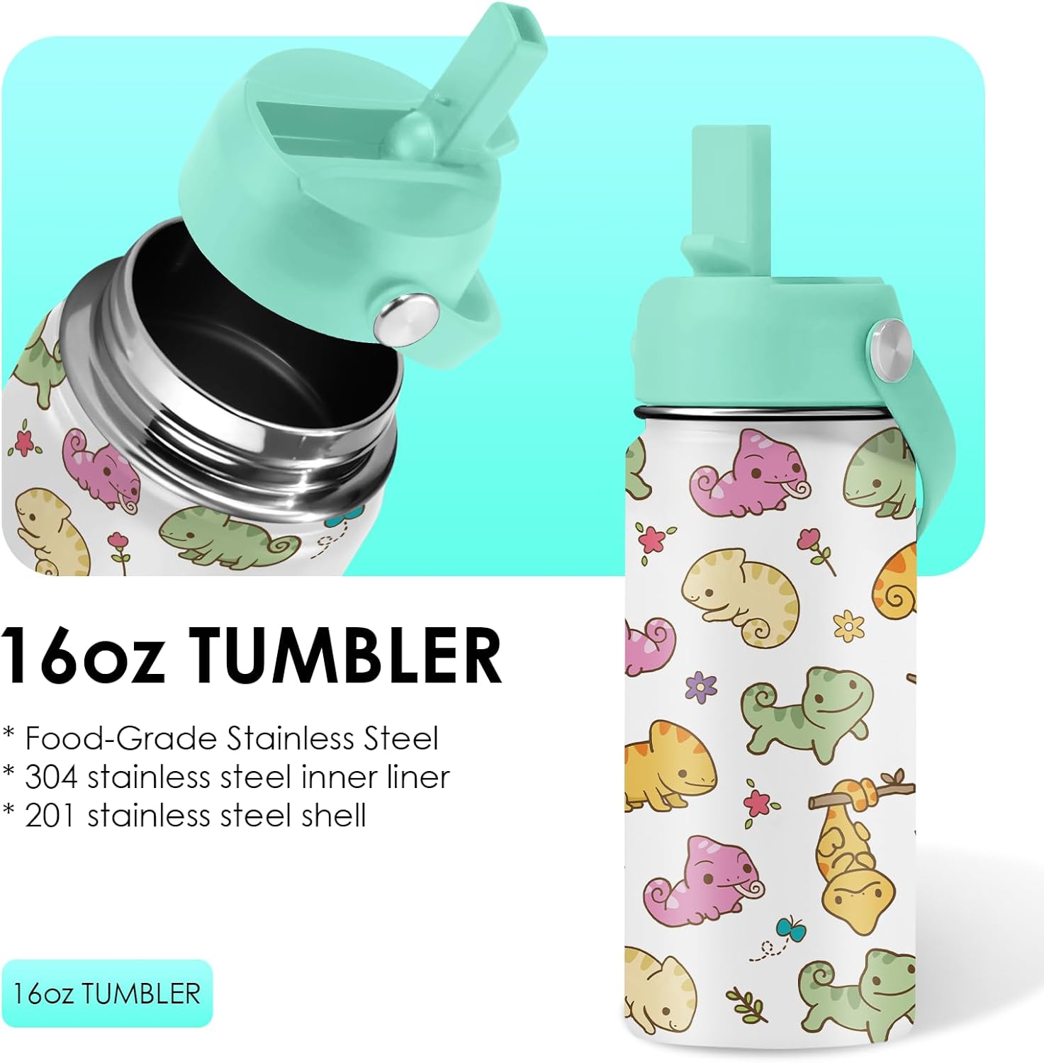 Axolotl Gifts for Girls - 16oz Green Axolotl Water Bottle with Straw Lid, Stainless Steel Insulated Tumbler, Leak Proof, for Boys, Sport, Travel, School - Animal Lovers Children Birthday Gift Cup(1pc) - Image 3