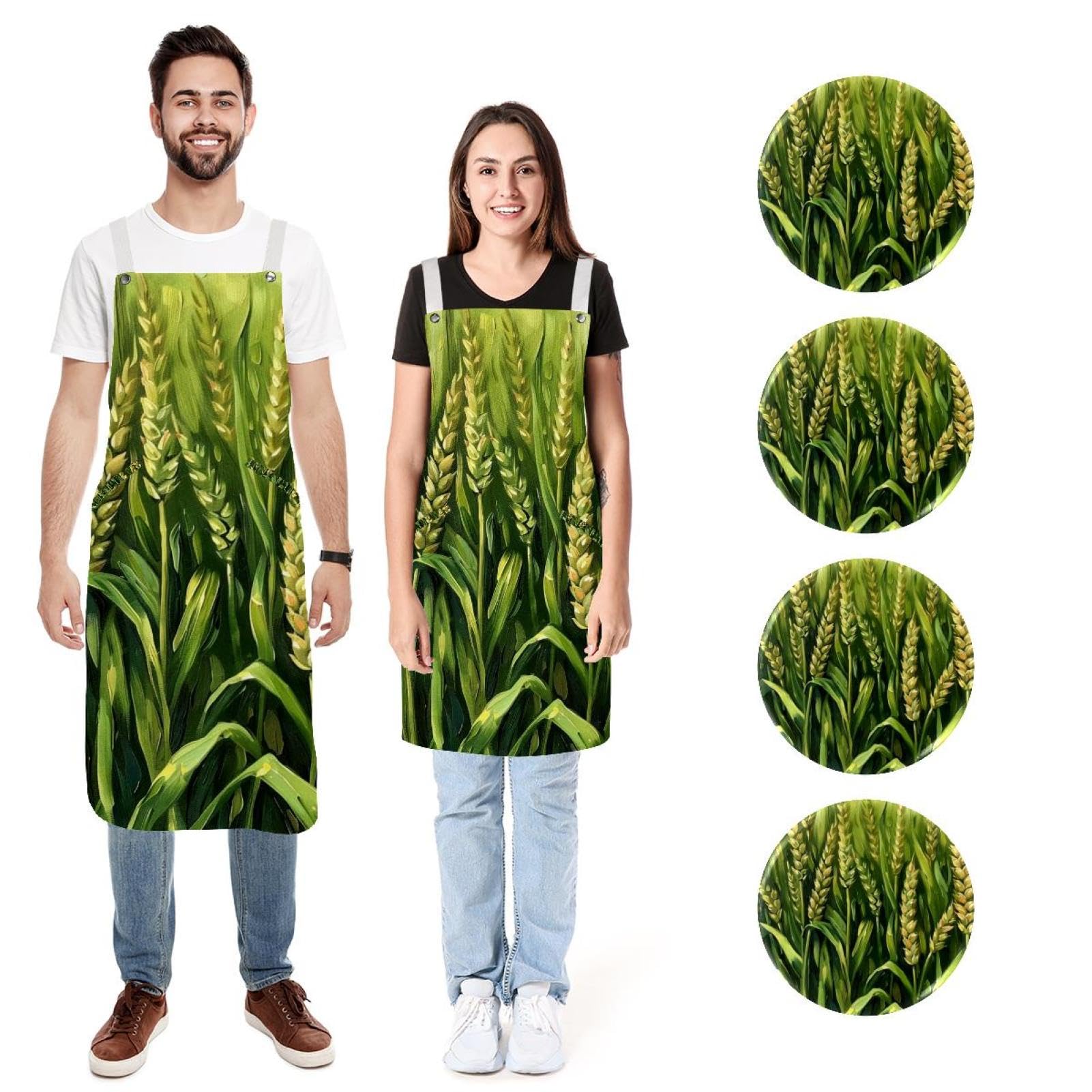 Lot de 2 tabliers de cuisine réglables avec 2 grandes poches pour homme et femme Motif champ de blé vert, Huile sur champ de blé vert, L:26.2x34.6in/66.5x88cm;M:26.2x26.6in/66.5x67.5cm