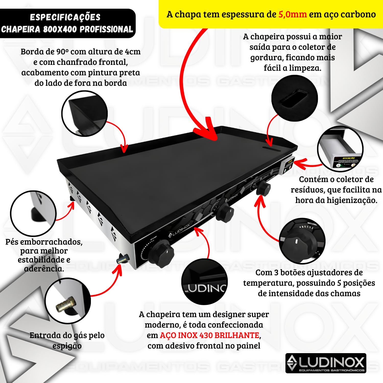 Chapa De Lanche Hot Dog Sanduiche 80x40cm em Inox profissional 5mm