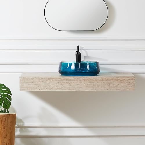 Miniatura 3 de Cpingao Fregadero de baño de resina de piedra transparente de 17.7 pulgadas redondo para baño, lavabo sobre encimera con drenaje desplegable (azul)