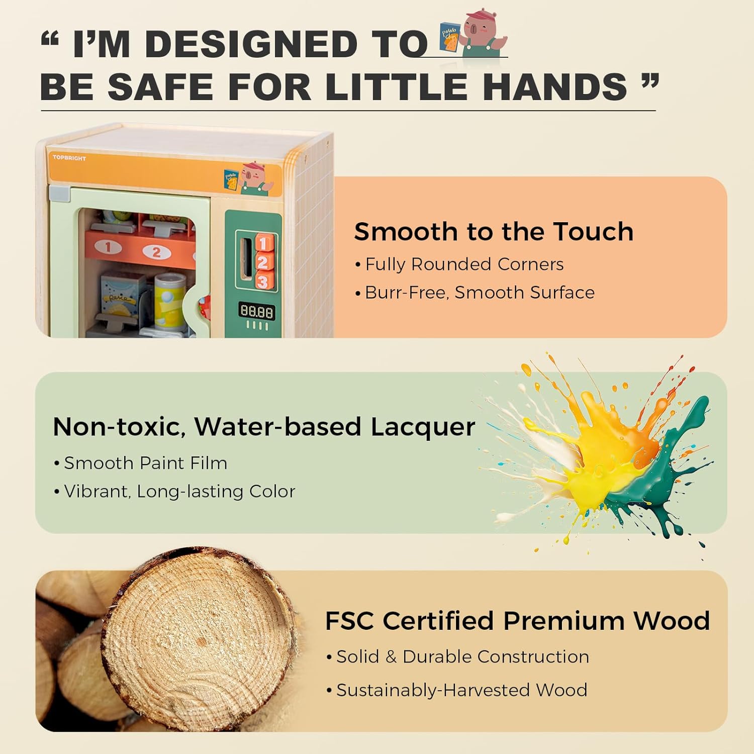 TOPBRIGHT Wooden Vending Machine Play Set for Preschoolers 3+, Kids Pretend Play Toy for Boys and Girls with Snack Bars, Drink Cans & Coins