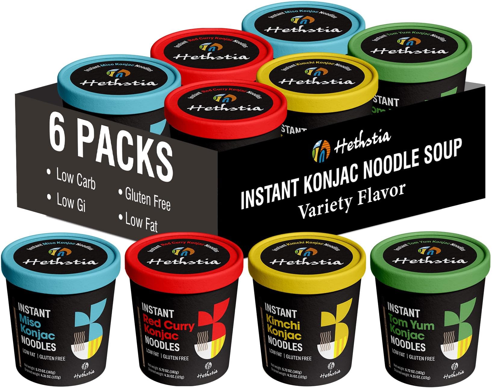 Hethstia Konjac Noodle, 6-Pack Instant Shirataki Noodle Soup Cups Variety Flavor(Spicy Red Curry, Miso, Kimchi, Tom Yum) - Low-Carb, Gluten-Free, Vegan Konjac Angel Hair Pasta Soup