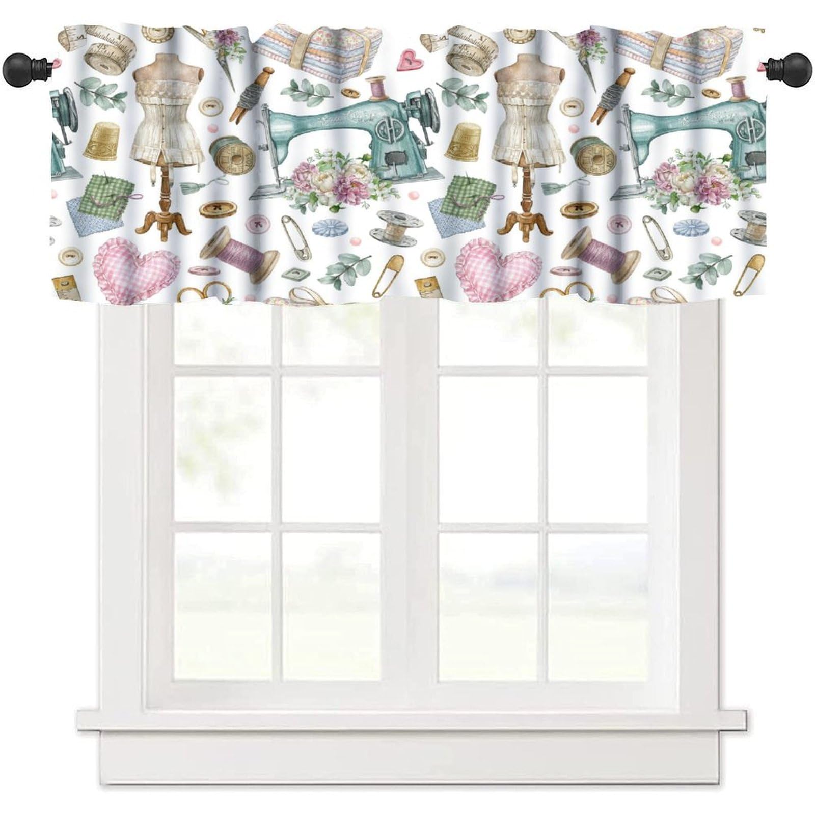 Kurtect Sewing Theme Window Valance,Vintage Sewing Machine Tool Watercolor Pattern Print Short Curtains Cafe Dining Room Kitchen Office Bedroom Living