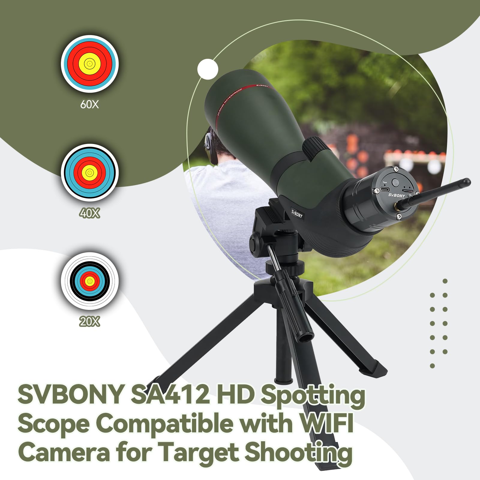 Svbony SA412 20-60x80 Spotting Scopes con WIFI Camera, HD Spotting Scope con Treppiede da Tavolo, Cannocchiale a Lungo Raggio, Cannocchiale Antiappannamento Impermeabile FMC per Tiro al Bersaglio