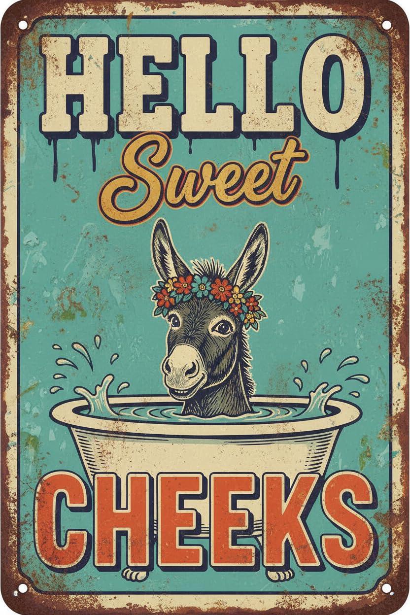 Hello Sweet Cheeks Donkey Bathroom Tin Sign, 8x12 Inch