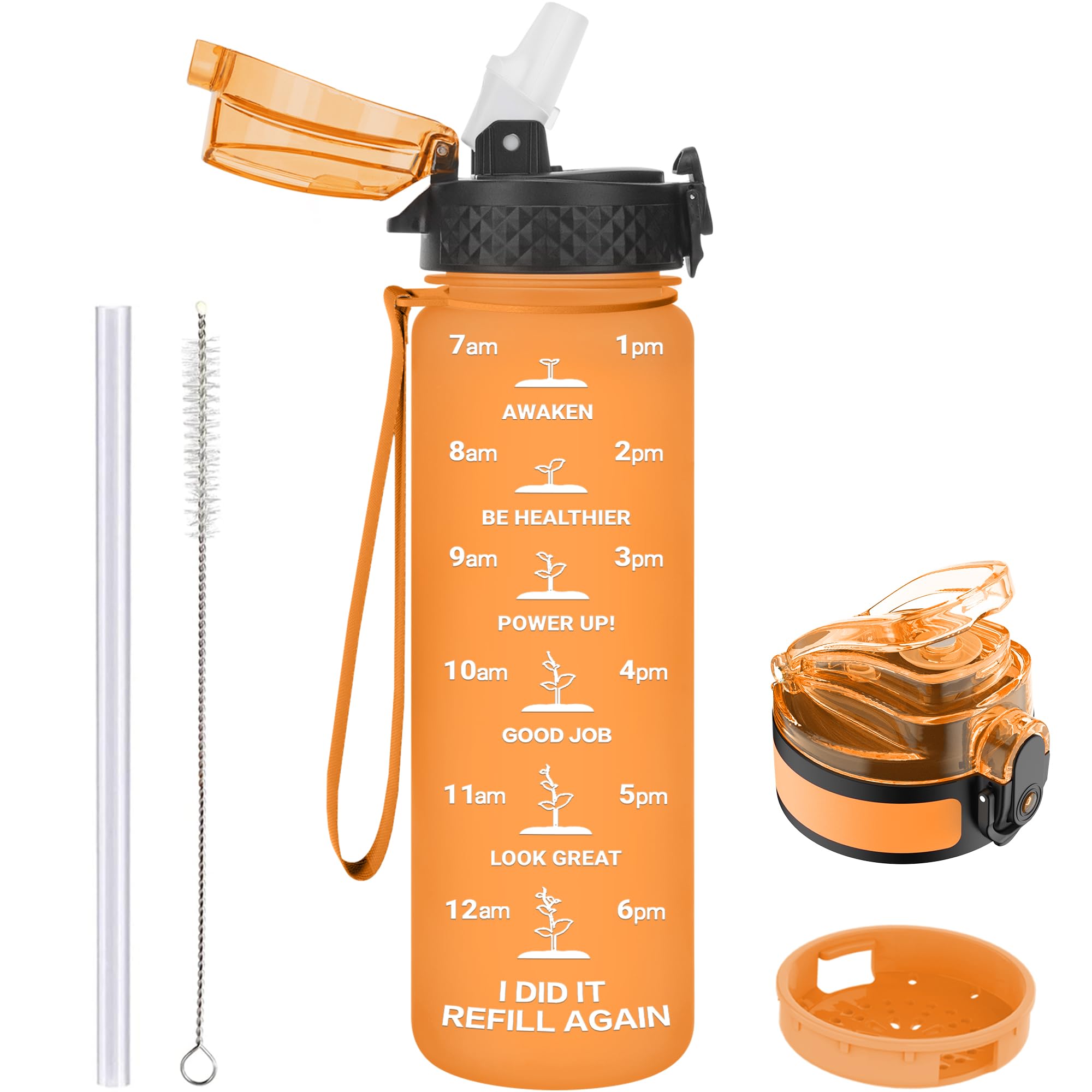 GOPPUS 500ml/17oz Kids Water Bottles with Straw Tritan Childrens Bottle with Flip Top Lid BPA Free Measured Drinks Bottle with Strap Sports Reusable Time Markings Leakproof (Orange)