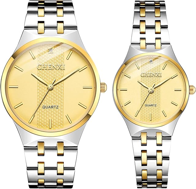 JewelryWe Luxury Couple Watches Gold-Silver Tone Stainless Steel Quartz Calendar Wristwatch Rhinestone His and Her Watch Set, for Anniversary, Wedding, Valentine's Day