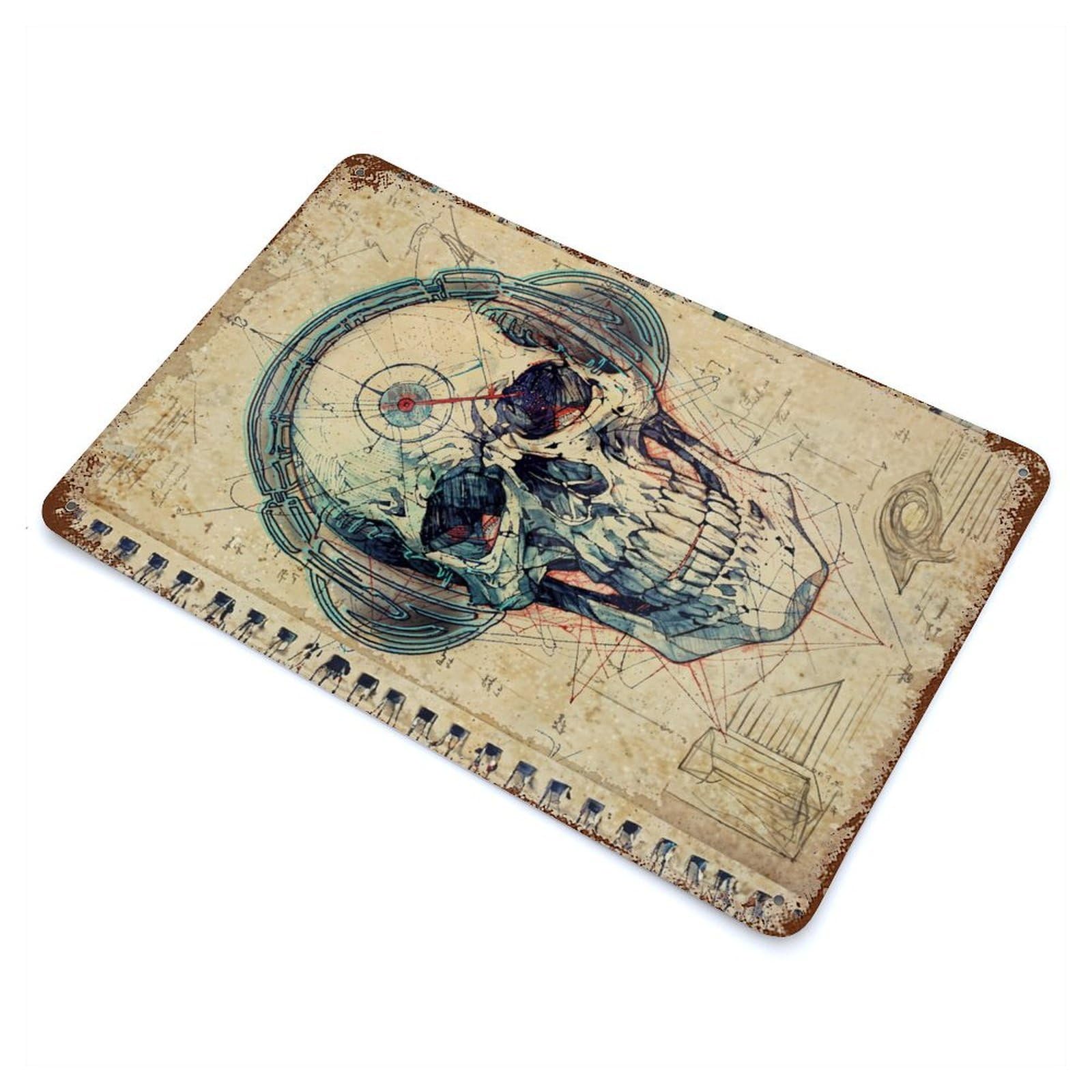 Aged Metal Wall Plaque with Rad Music Skull Sketchbook Design 11.8"x7.9", for Farmhouse, Kitchen And Entryway Decor, Old School Wall Decor