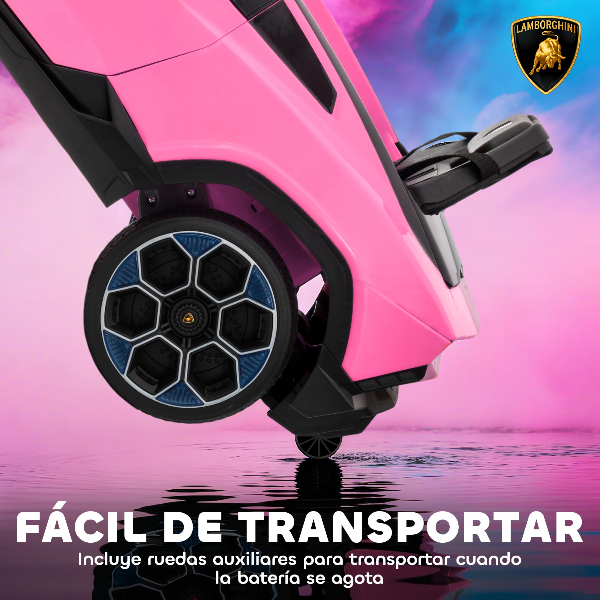 AIYAPLAY Coche Eléctrico para Niños de +3 Años, Lamborghini, Coche de Batería 12V, con Mando a Distancia 2,4 G, Motor Doble, Ruedas con Suspensión, Faros, Música, USB, Rosa