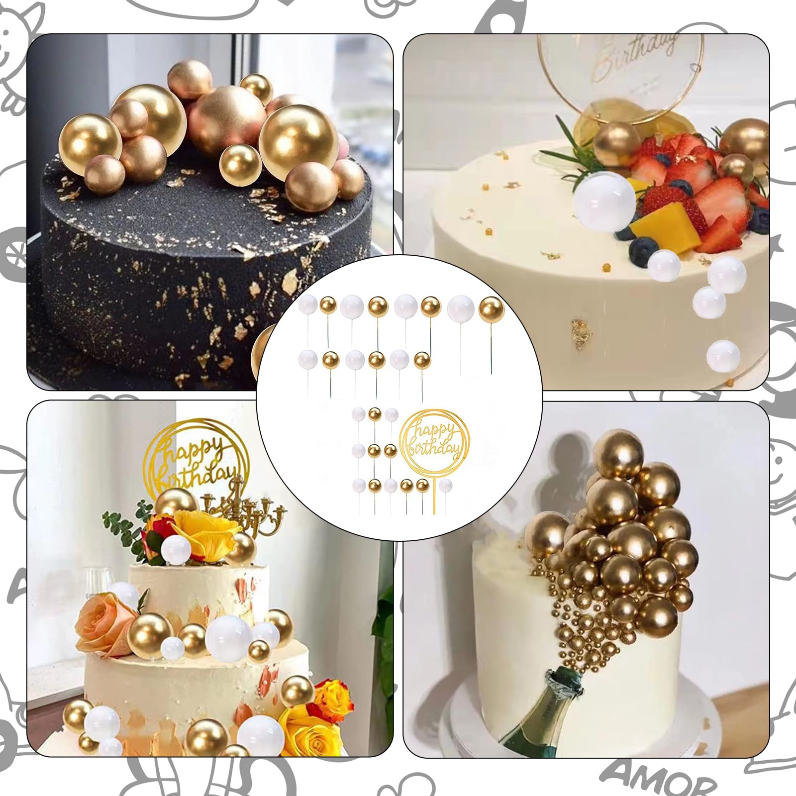 Topper per torta a palloncino, 66 mini palline di schiuma, decorazioni per cupcake, decorazioni rotonde per torte, decorazioni per cupcake, matrimoni, anniversari, feste di compleanno, baby shower