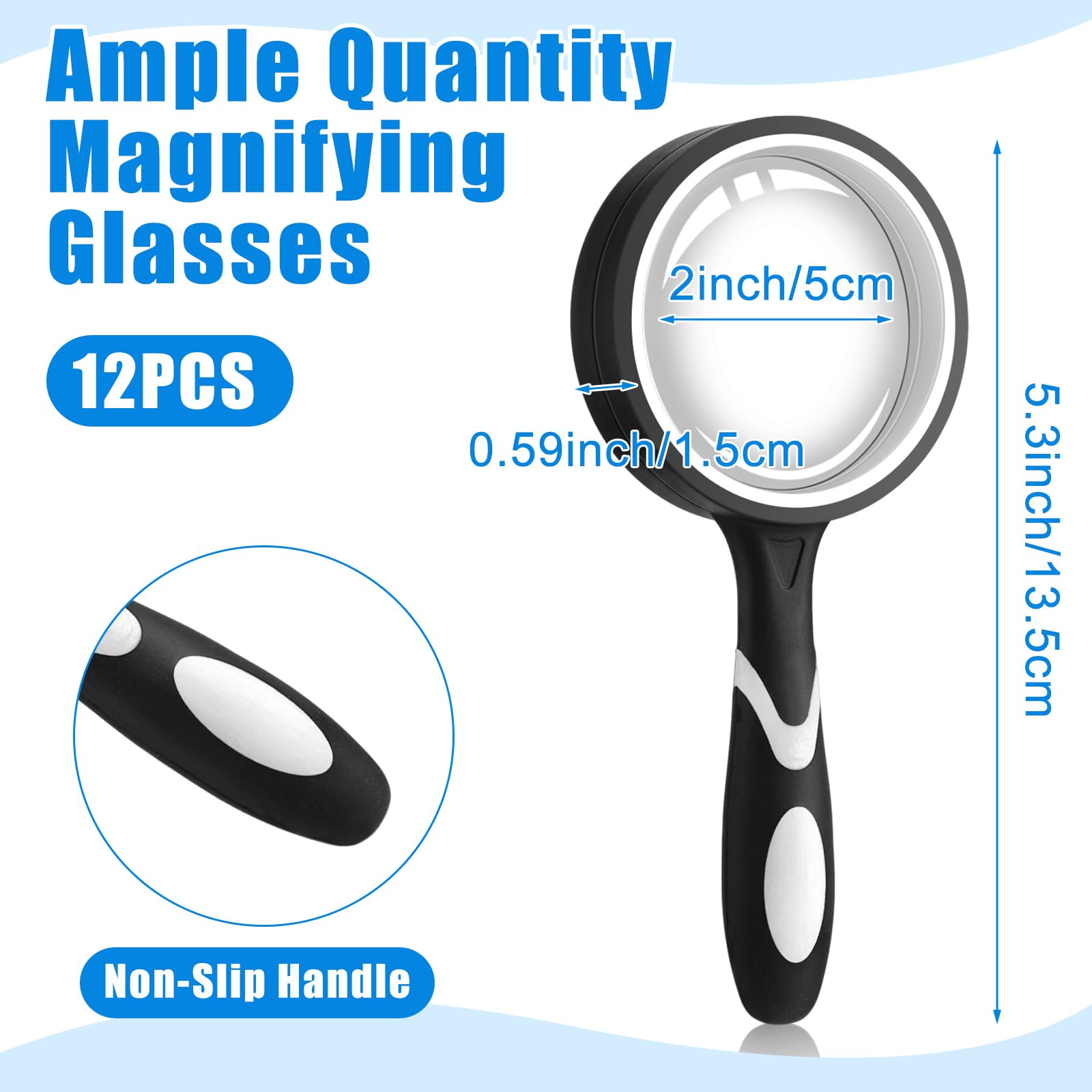 Xuhal Lot de 12 loupes de lecture incassables 10x pour personnes âgées et enfants, loupe colorée de 50 mm avec caoutchouc antidérapant pour l'observation, l'exploration et la science (noir)