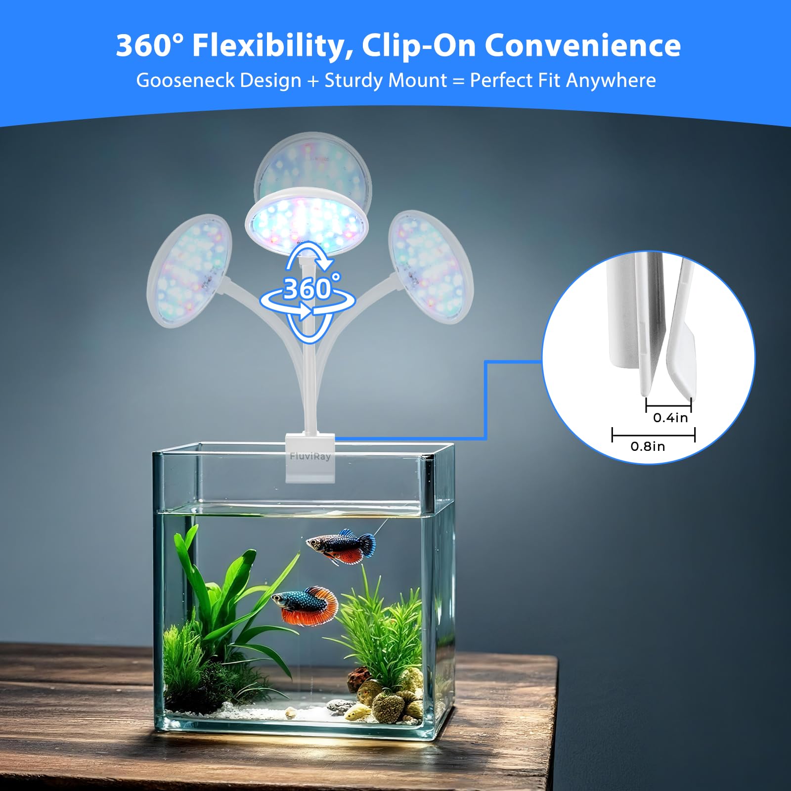 Mini Clip On Aquarium Licht 7W USB Dimmbar Fisch Tank Lampe mit 3 Lichtmodi (Weiß/RGB/Vollspektrum), 9-stufige Helligkeit, 360° Verstellbarer Schwanenhals für 1-3 Gallonen Tanks