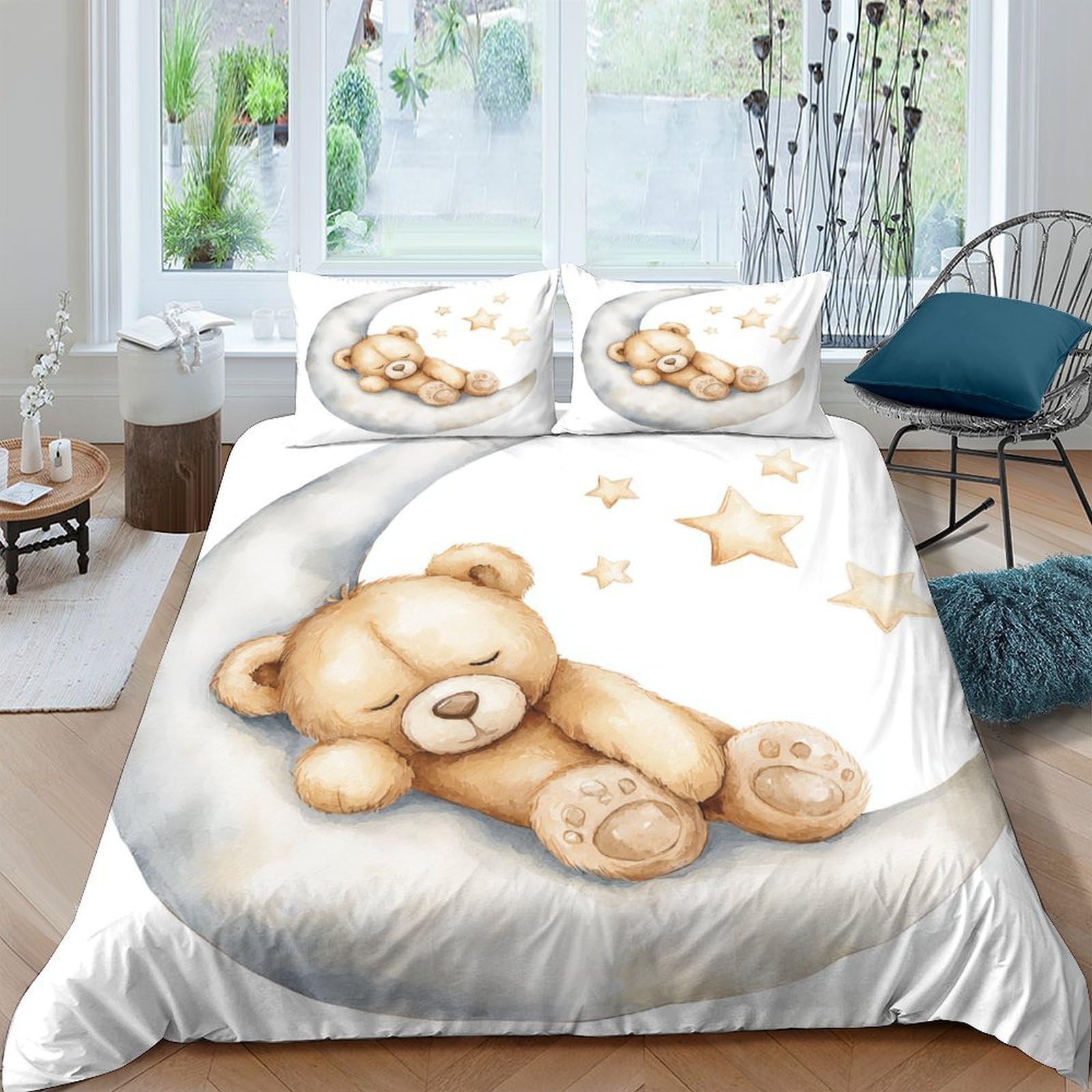 Ctjqhvkz Style-1 3D Printed Sleeping Teddy Bear Fitted Sheet Microfiber Soft Breathable Star Moon Mattress Cover For Bedroom Guest Room Decor Single（135X200cm）