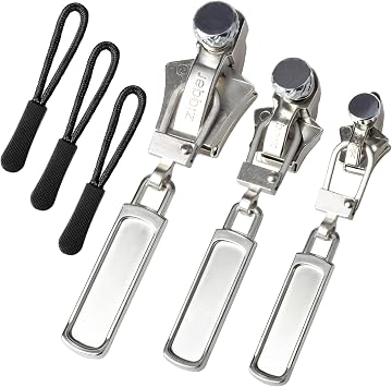 Zipper Repair Kit, 3 Different Sizes Zipper Slider Replacement, Quick Install Zip Detachable Pulls Heads with 6 Pcs Zipper Pulls for Jackets, Luggage, Backpack, BagsSilver/SML