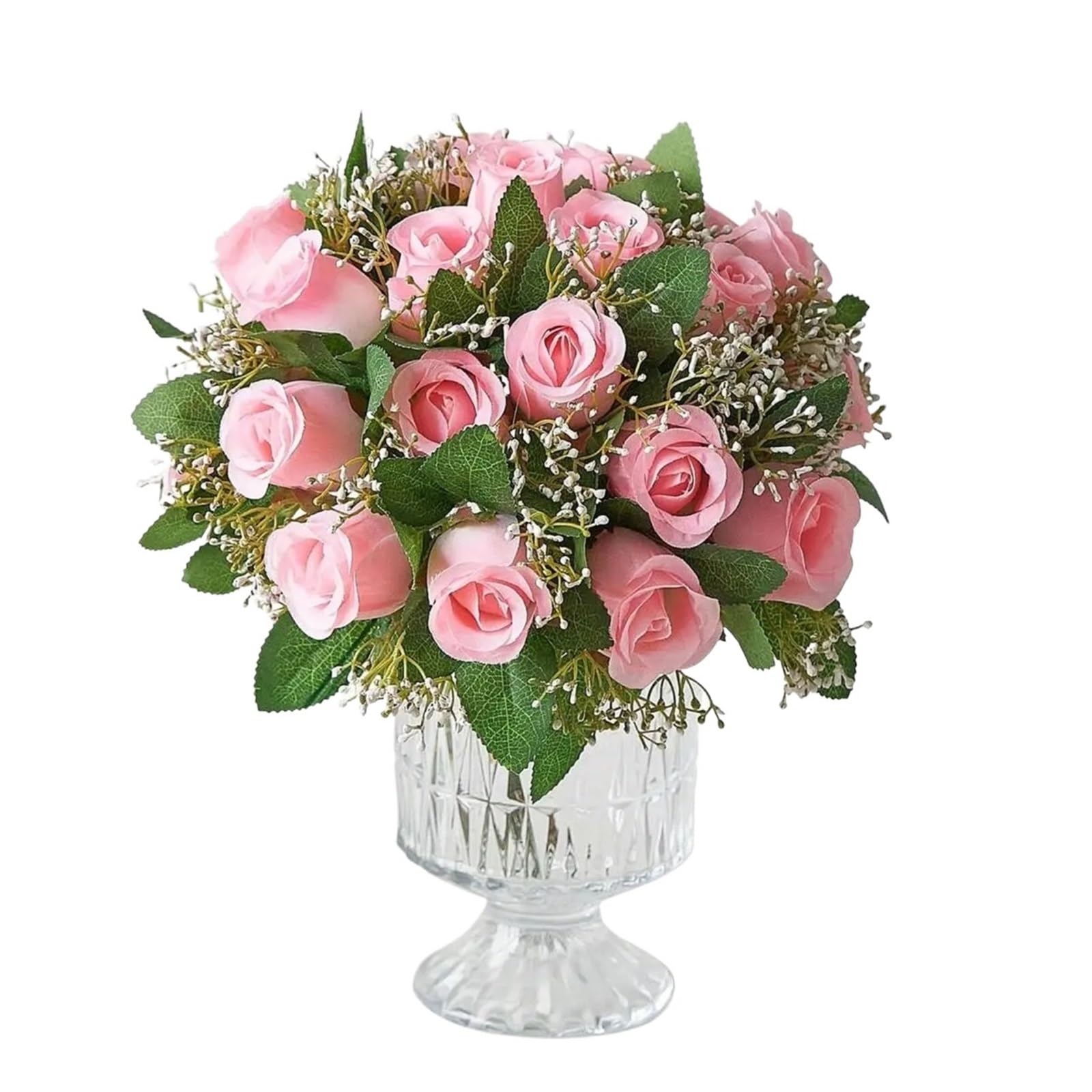 UBOHUZ 24pcs Artificial Rose Flowers With Gypsophila Fake Silk Bouquet With Stems For Home Garden for Wedding Bridal Bouquet(Pink)