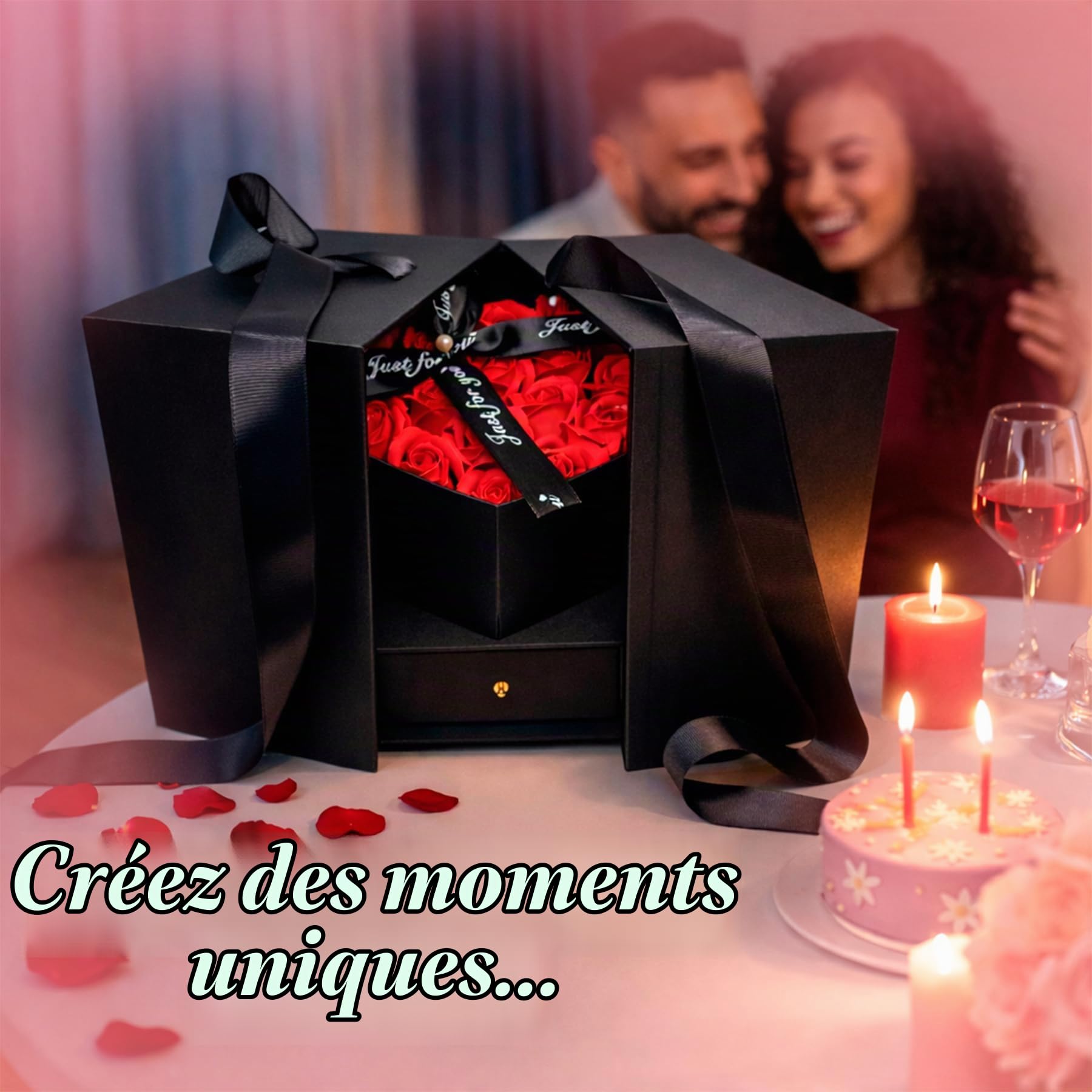 Coffret Écrin Premium de Saint-Valentin · Cadeau Deluxe avec 18 Roses Parfumées et plus de 36 Chocolats Ferrero Rocher, Lindt Lindor, Caja Roja, Cœurs en Chocolat, Kinder Bueno et plus · Écrin Réutili