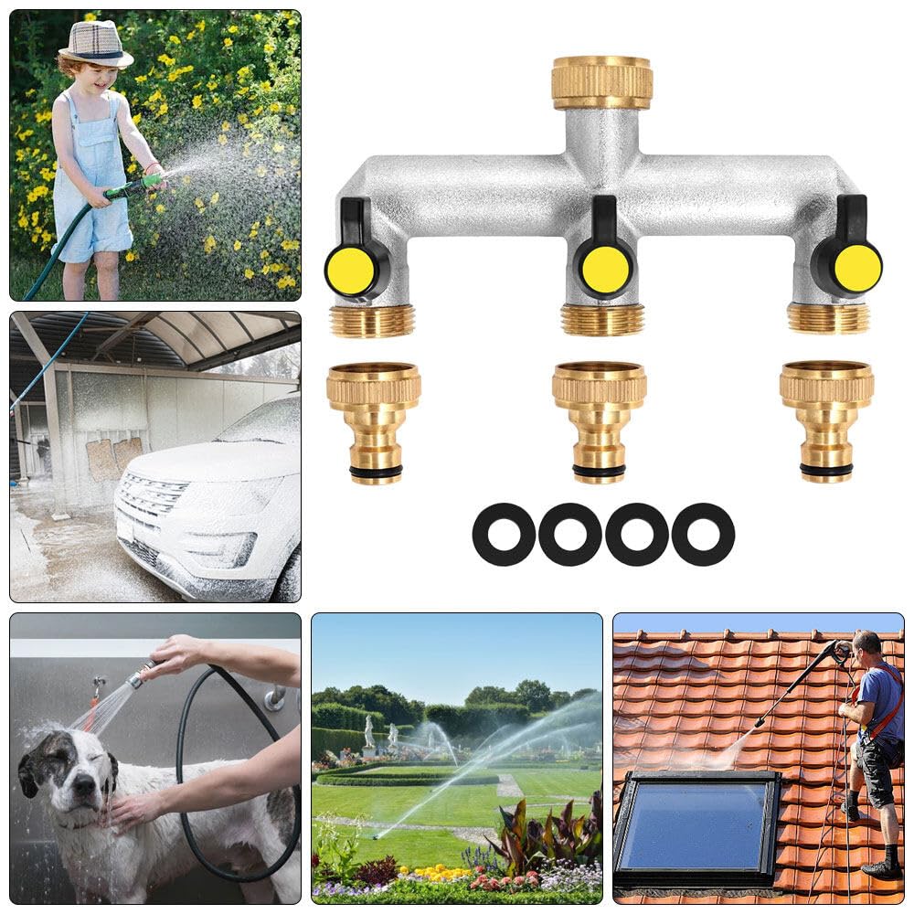 3 Vie Sdoppiatore Rubinetto con Valvola Indipendente, Ottone e Lega di Zinco Collettore Acqua 3 Vie per Regolare il Flusso dacqua, Distributore 3 Vie per Giardino, Cucina, Lavatrice