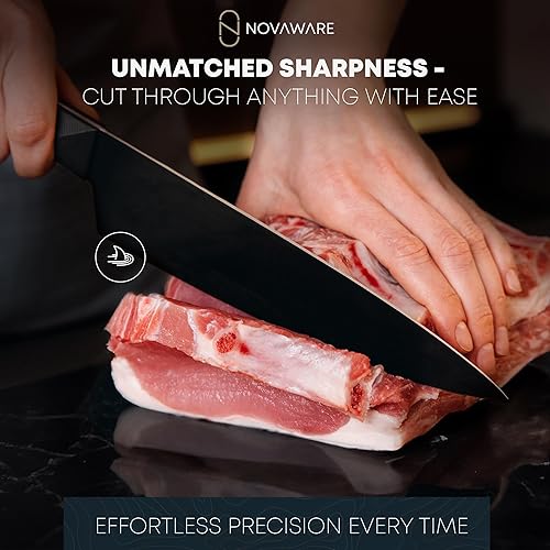 Miniatura 5 de NOVAWARE Juego de cuchillos de cocina de 5 piezas  Juego de cuchillos de chef ultra afilados de 60 HRC, acero recubierto de titanio negro, asas