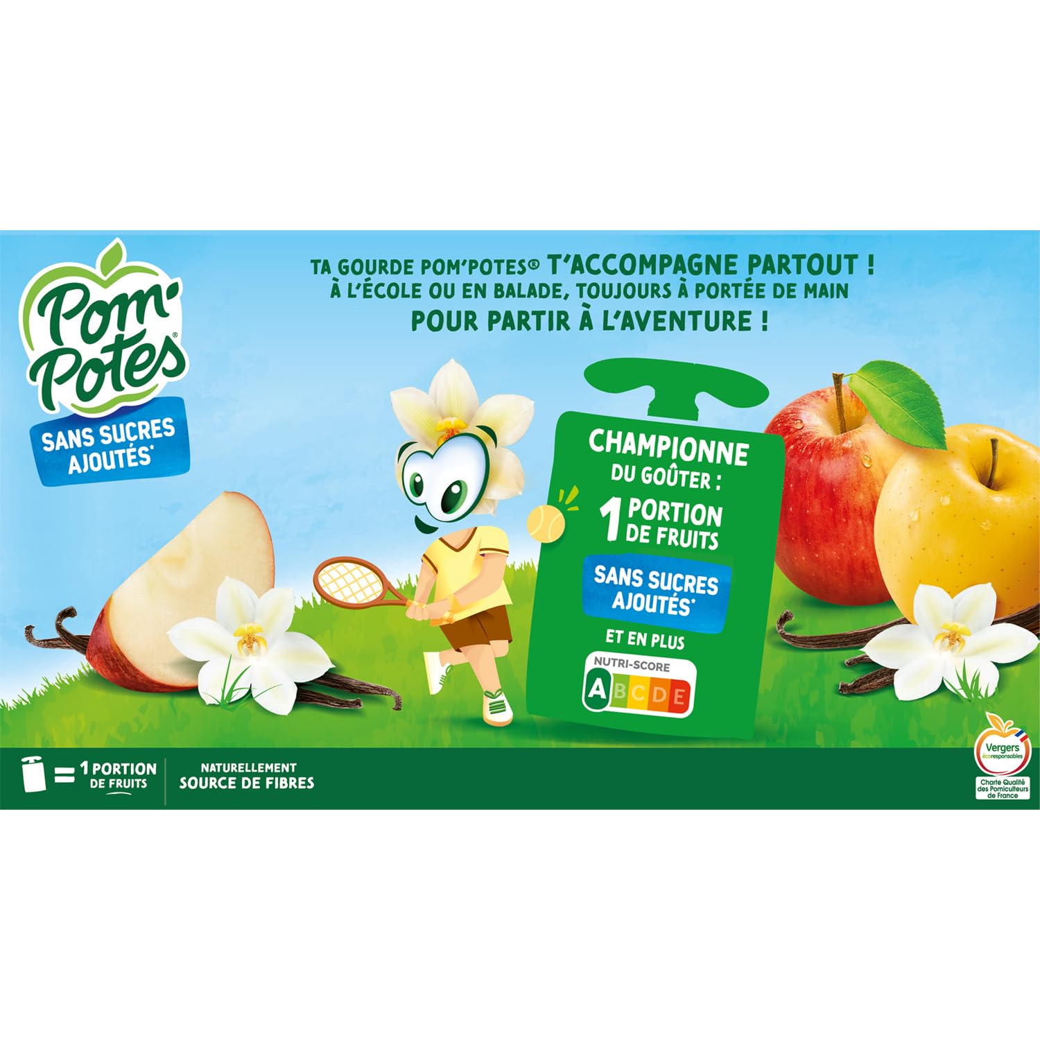 POM'POTES Compotes Gourdes Sans Sucres Ajoutés Pomme & Pomme Vanille - Lot de 12 x 90 g - Purées de fruits françaises en format nomade - Lot de 3