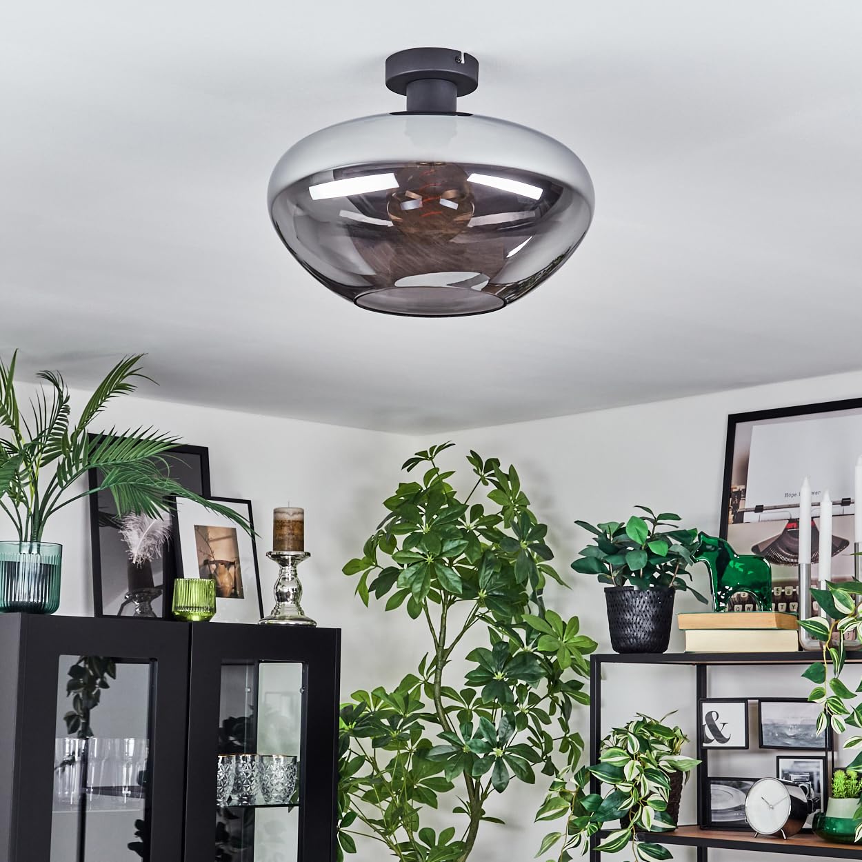 Plafonnier HOFSTEIN Mertola, plafonnier à 1 ampoule en métal/verre noir/gris fumé, luminaire moderne au design rétro/vintage (Ø 35 cm), E27, salle à manger, salon, chambre à coucher, cuisine, bureau