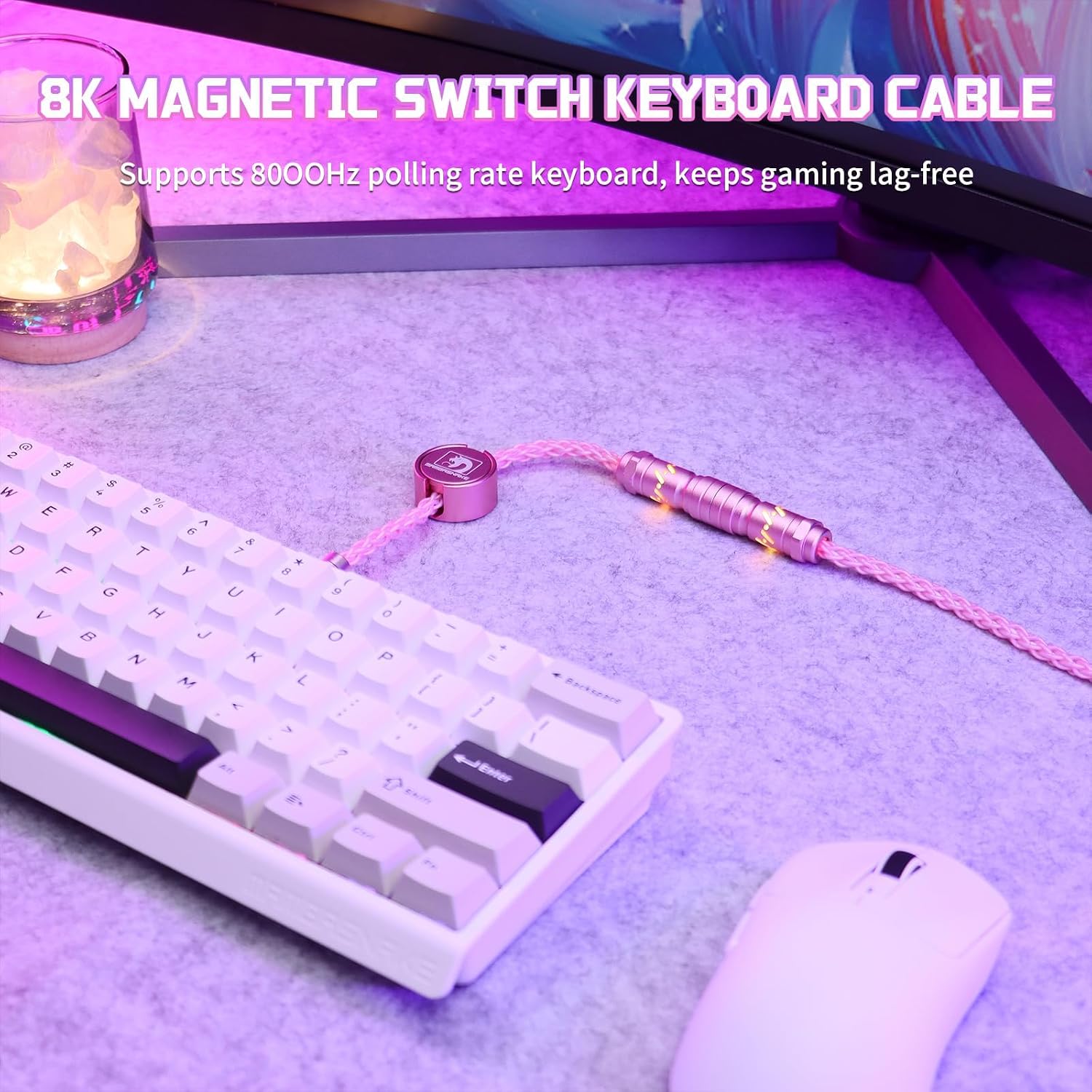 MAMBASNAKE C07 Custom USB C Keyboard Cable with RGB Lighting for 8KHz Magnetic Keyboard, Single Crystal Copper Braided Charging Cable USB A to Type C, 5-Pin CNC Aviation Connector,Pink