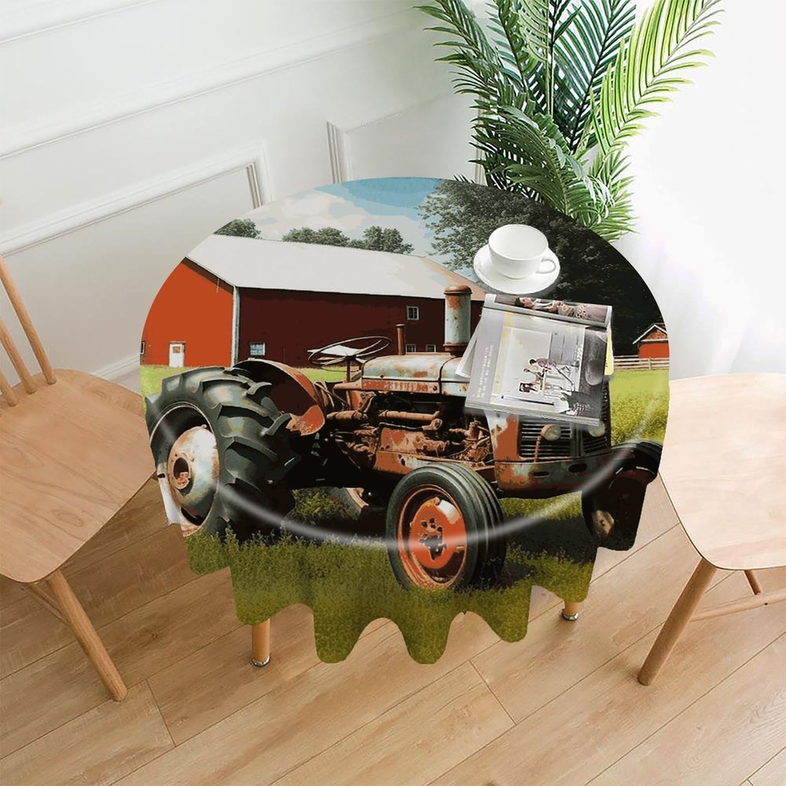FekiLoot Round Company Farm Tractor Tablecloth Decorative Fabric Table Cloth Wrinkle Free Circle Dining Tablecover Washable Polyester Table Cover for Holiday Dinner Party Decor 60"