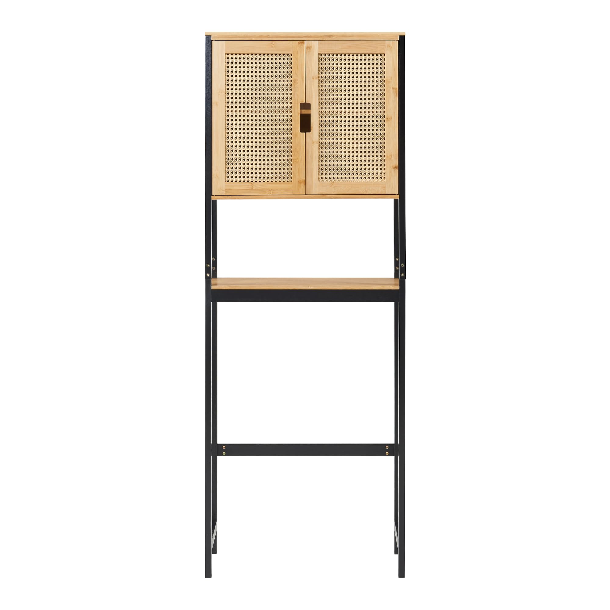 [en.casa] Toilettenregal Tervola Toilettenschrank Waschmaschinenschrank mit 2 Türen in Rattanoptik 172 x 63 x 27 cm Badregal Bambus Überbauschrank Schwarz und Naturfarben