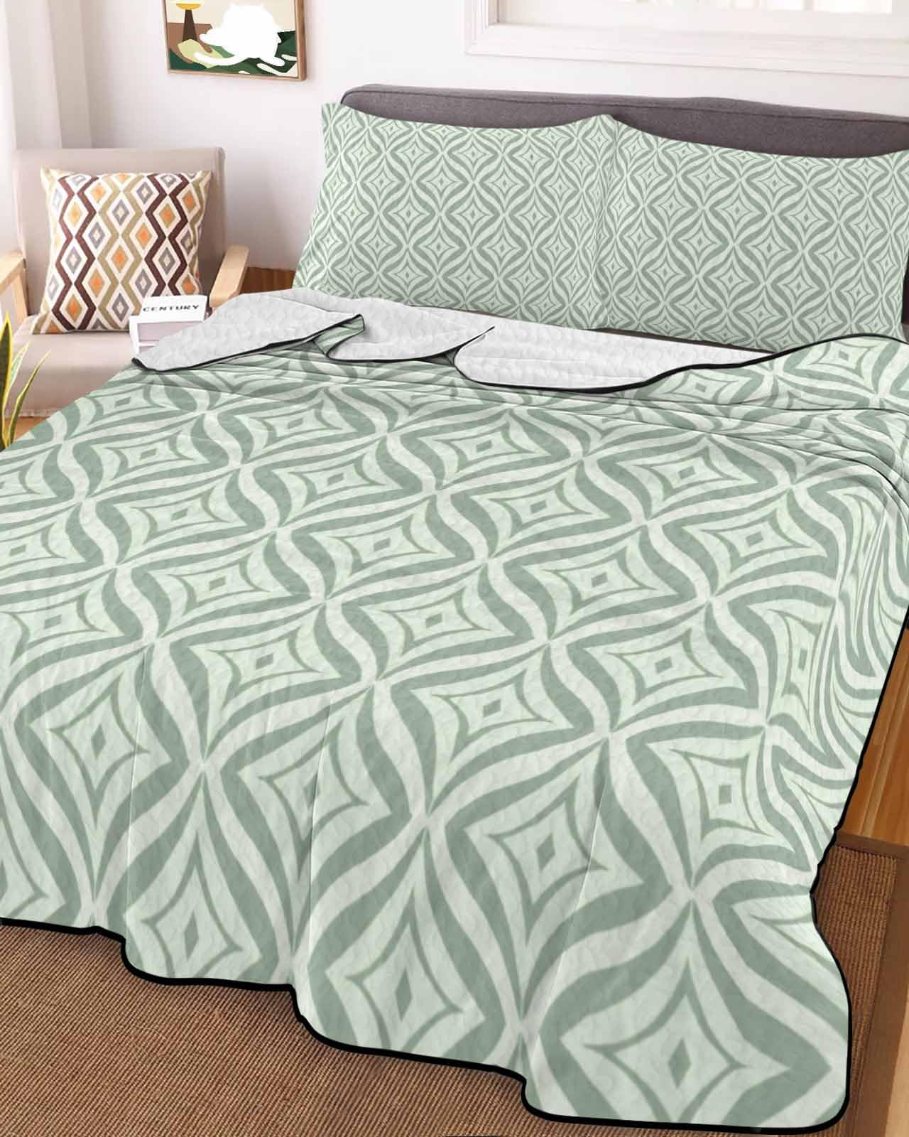 LOT BASIC 3-Piece Summer Quilt Full Size, Teal Geometric Lightweight Cooling Bedding Comforter Blanket with 2 Pillow Shams, Art Contemporary Modern Abstract Bedspreads Quilted Coverlet Sets 78