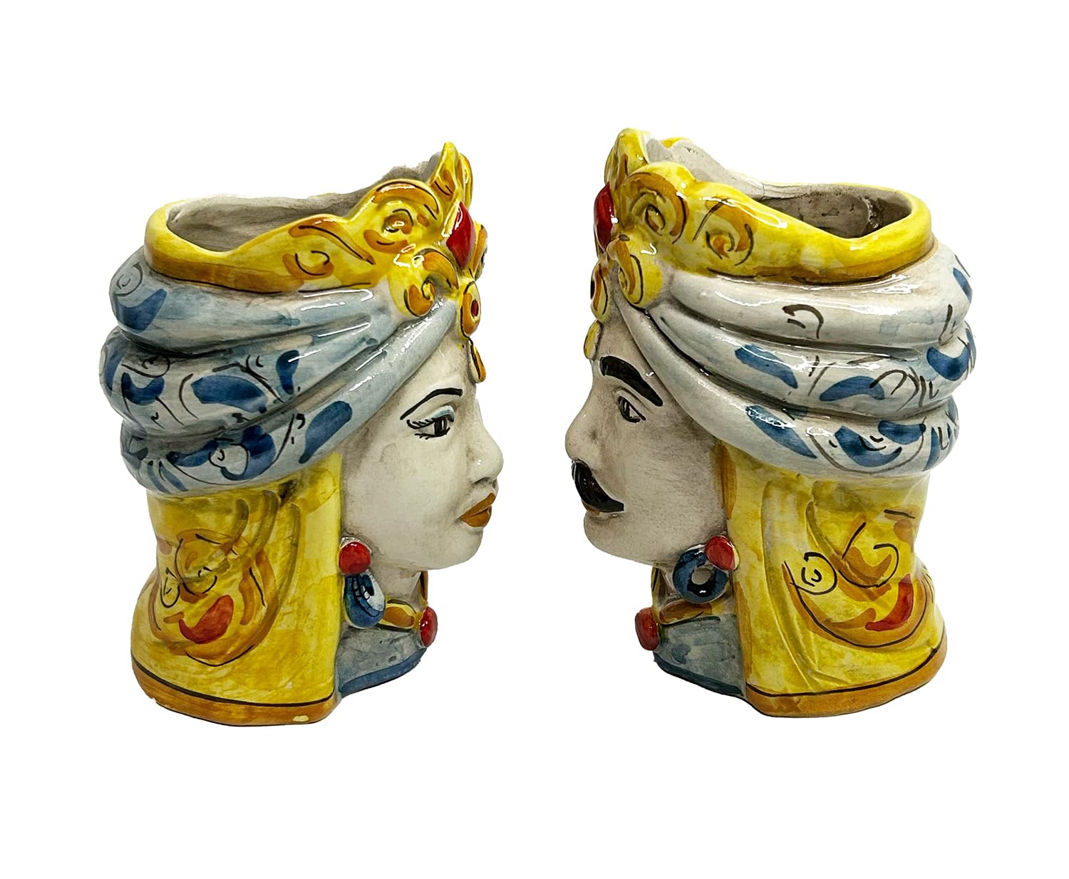 Par de cabezas de moro de cerámica siciliana de Caltagirone hechas a mano por los alfareros de Caltagirone