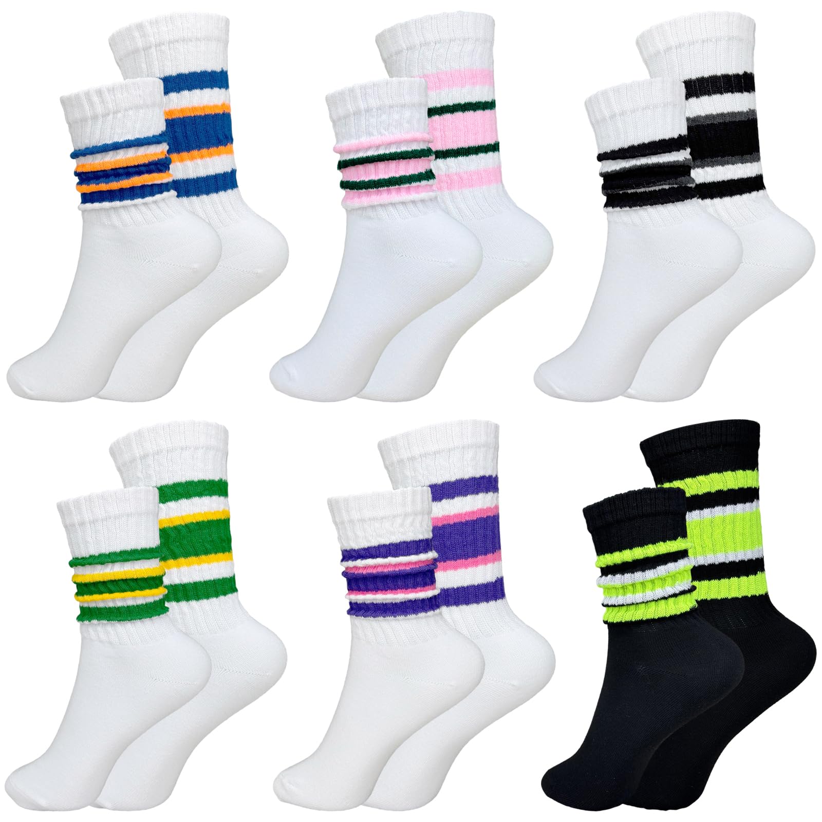 Popuid Women Retro Striped Crew Sock, Vintage Knit Mid Calf Rib Tube Slouch Casual Sport Calf Socks