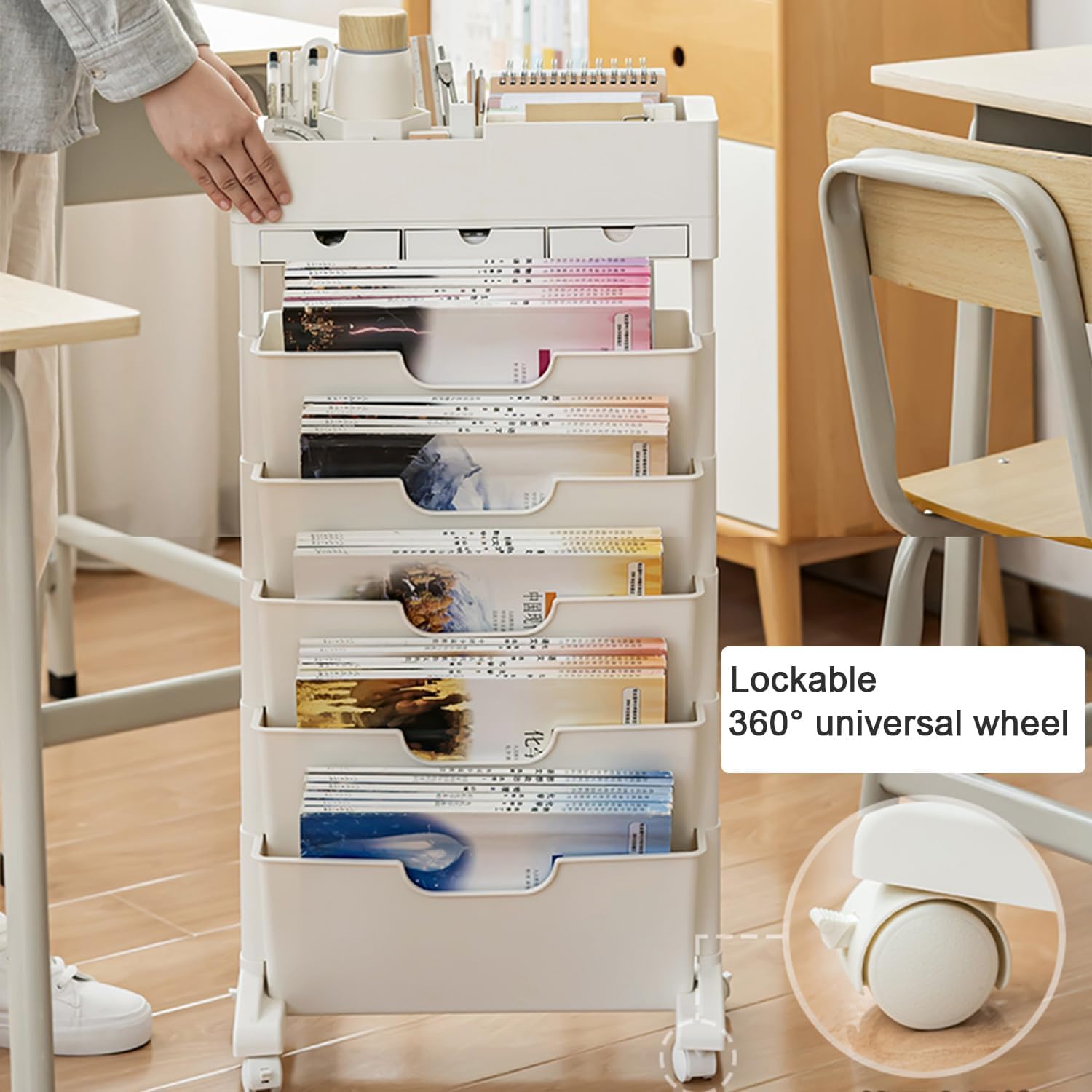 Scaffale Mobile a 6 Livelli con 3 Cassetti, Carrello Portadocumenti per Biblioteca, Scaffale Mobile per Libri sulla Scrivania Dell'aula, Classificatore da Ufficio con Rotelle Bloccabili