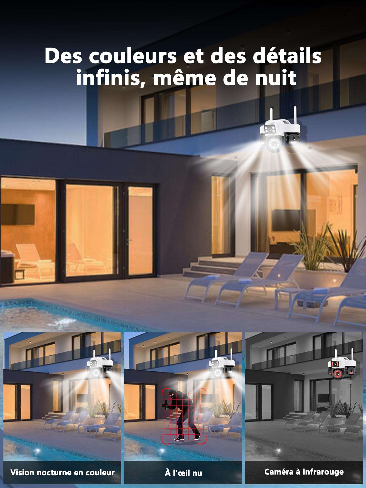 4G LTE - Telecamera di sorveglianza solare con scheda Sim,4 obiettivi, AOV 24/7,4K HD Telecamera esterna senza fili inclinabile a 355°/90°, Solare fotocamera+Batteria, visione notturna, rilevamento