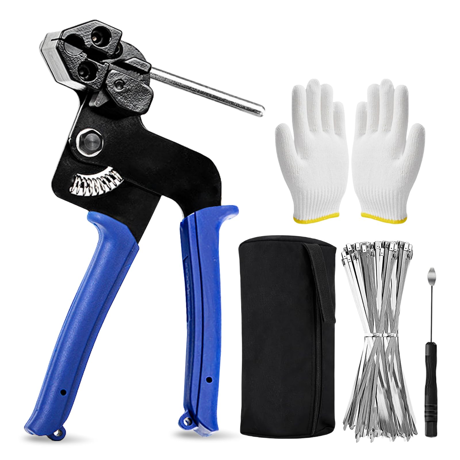 Kit de Pistolet à Attaches Métalliques, Pistolet d'attache, Outil D'attache de Câble avec 100 Collier de Derrage Inox, Kit de Collier de Serrage Inox, Pistolet à Attache pour Verrouiller et Coupe