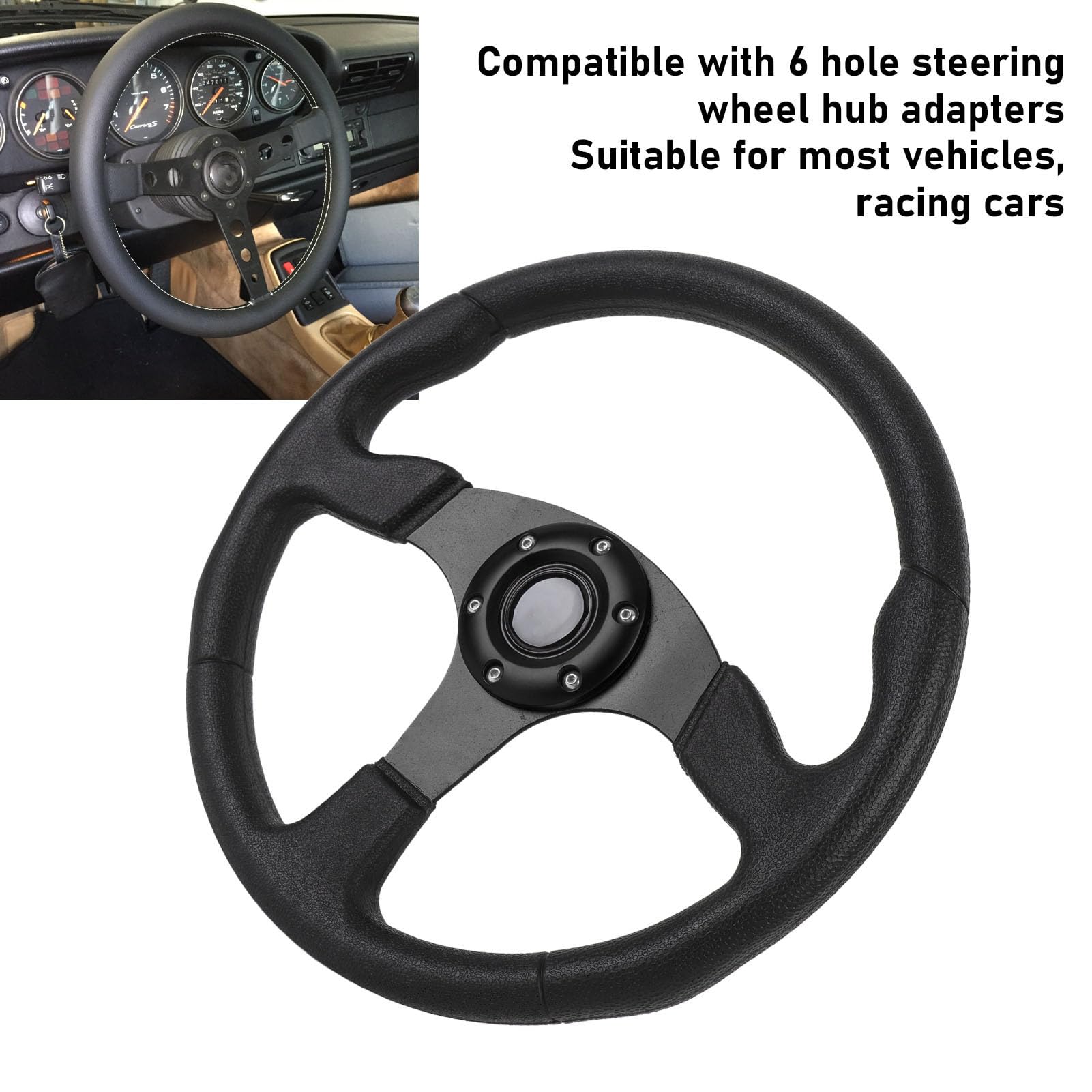 Auto Lenkrad, Sport PU Leder 14 Zoll Renn Lenkrad mit Aluminium Rahmen Universal Fit für 6 Loch Hub (BLACK)