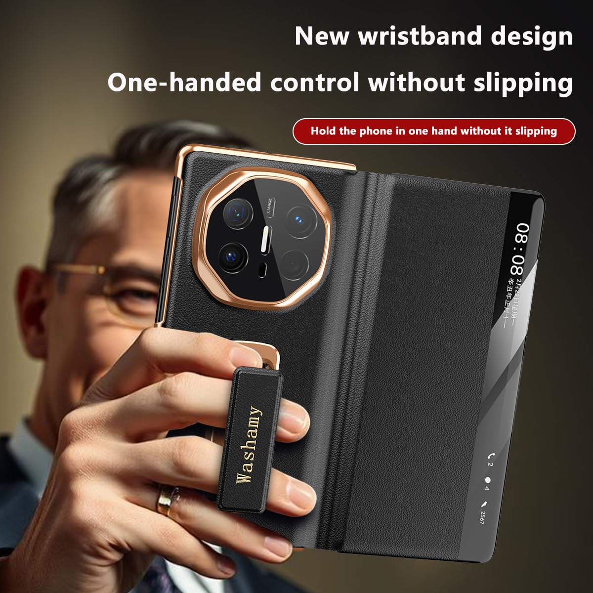 COQUE Inteligentne etui z klapką z prawdziwej skóry do Huawei Mate X6 z obrotowym paskiem na nadgarstek i stojakiem pod wieloma kątami do Huawei Mate X6-fioletowy