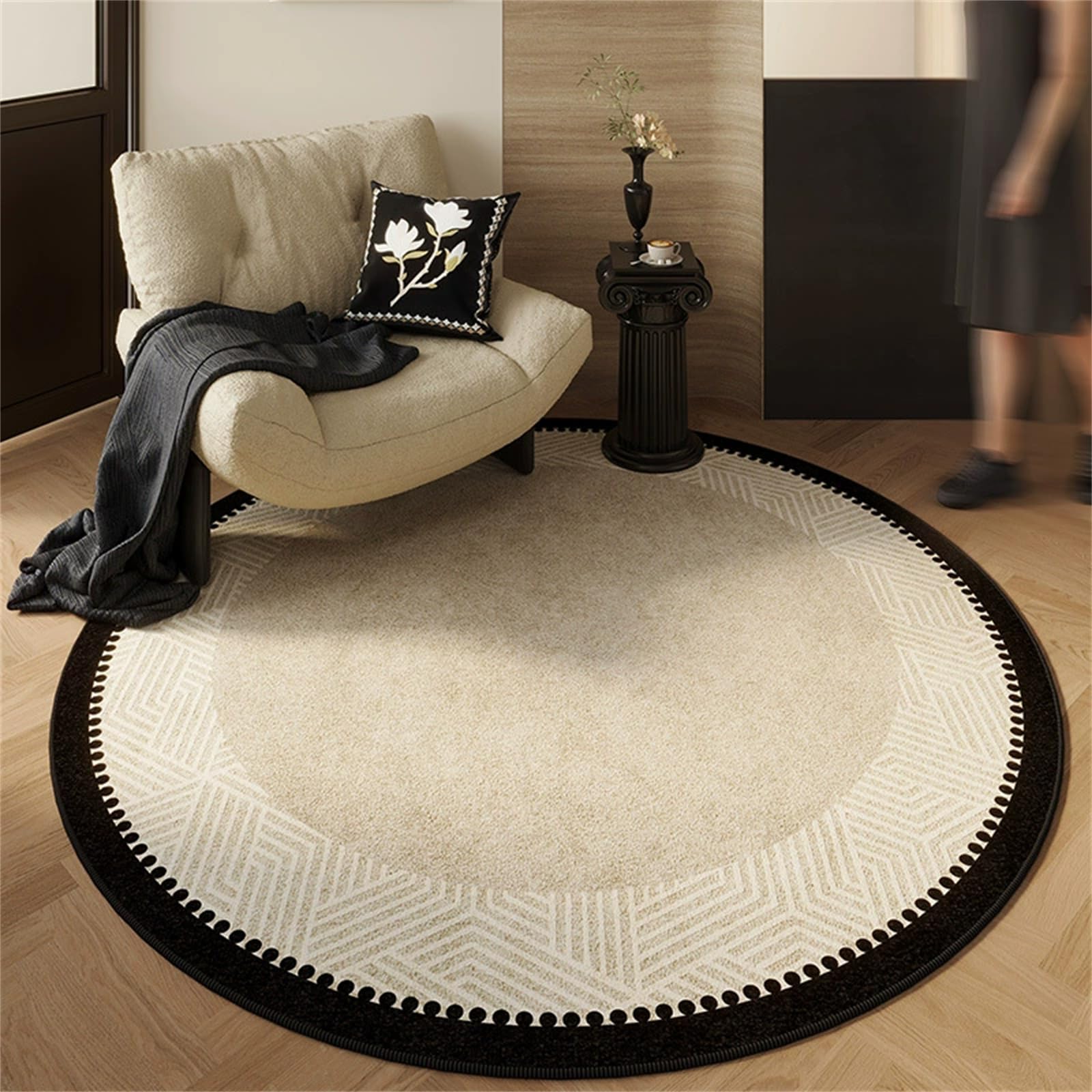 Hearda Simple Black Beige Texture Decorations Rugs Living Room Non-Slip Round Large Rug 60-140cm, Velvet Washable Carpet Rugs, for Bedroom Kitchen,Living Rooms, Corridors (Black Beige,120cm)