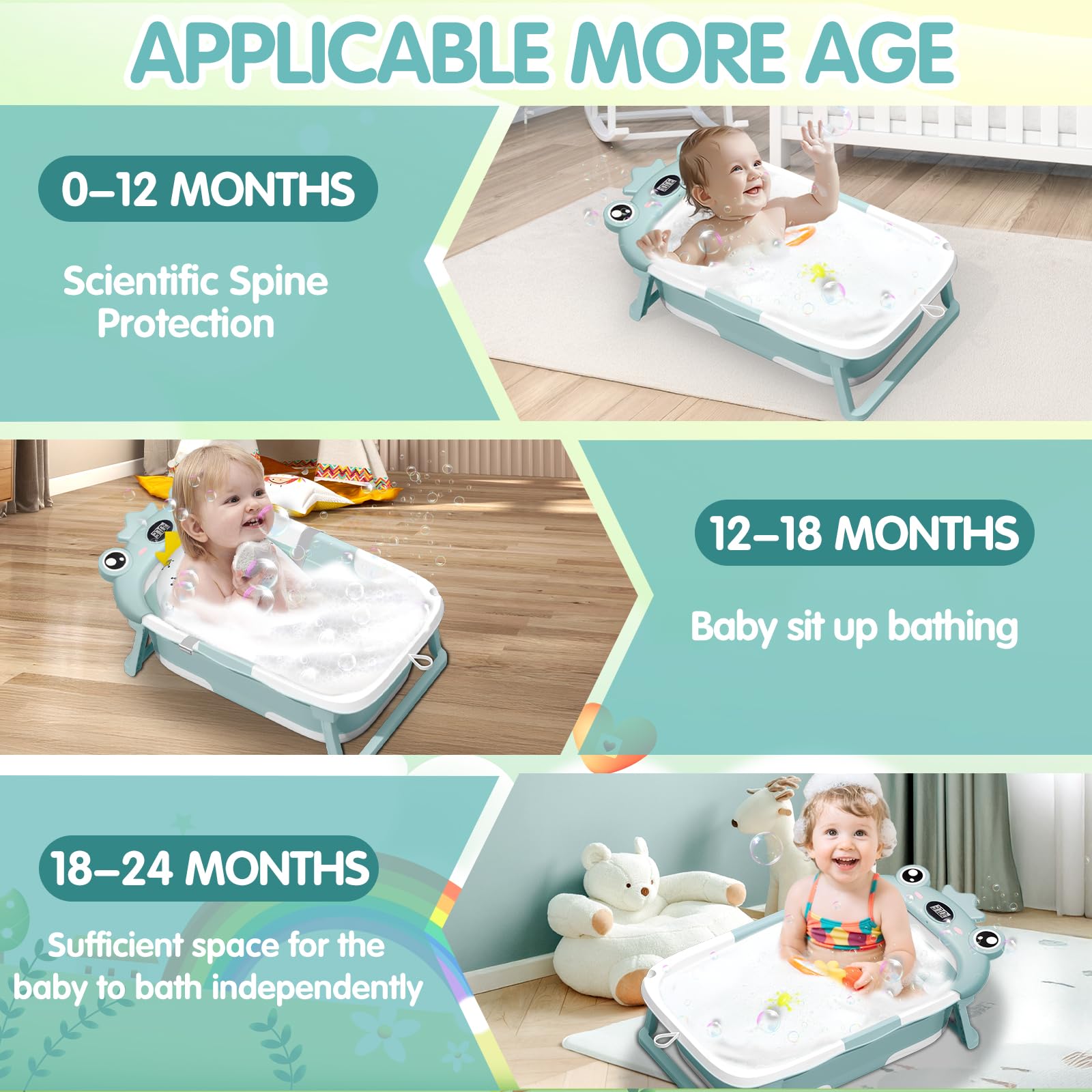 Bañera Plegable Bebe, Bañera Bebe con Termometro y Cojín, Bañera Bebe Portátil, Reductor Bañera Bebe, Bañera de Bebe para Recién Nacidos y Niños de 0 A 36 Meses (Verde)