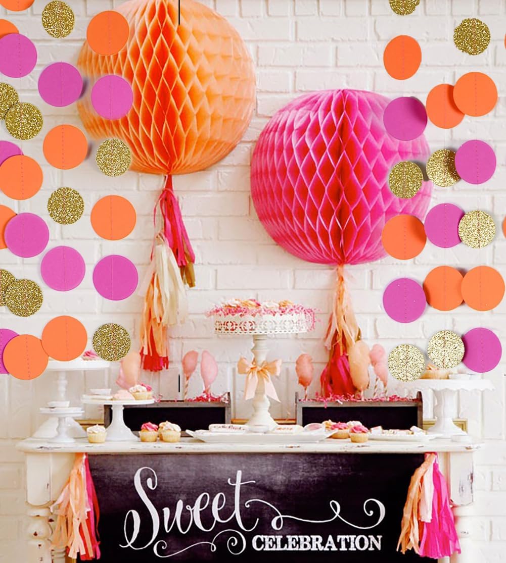 Hot Pink-Orange Gold Party-Streamers Circle-Dots Garland - Hanging Party Banner Backdrop for Girl Baby Shower Wedding Birthday Bridal Shower Graduation Classroom Nursery Decor image 3 of 4 B0DCN5HBL7