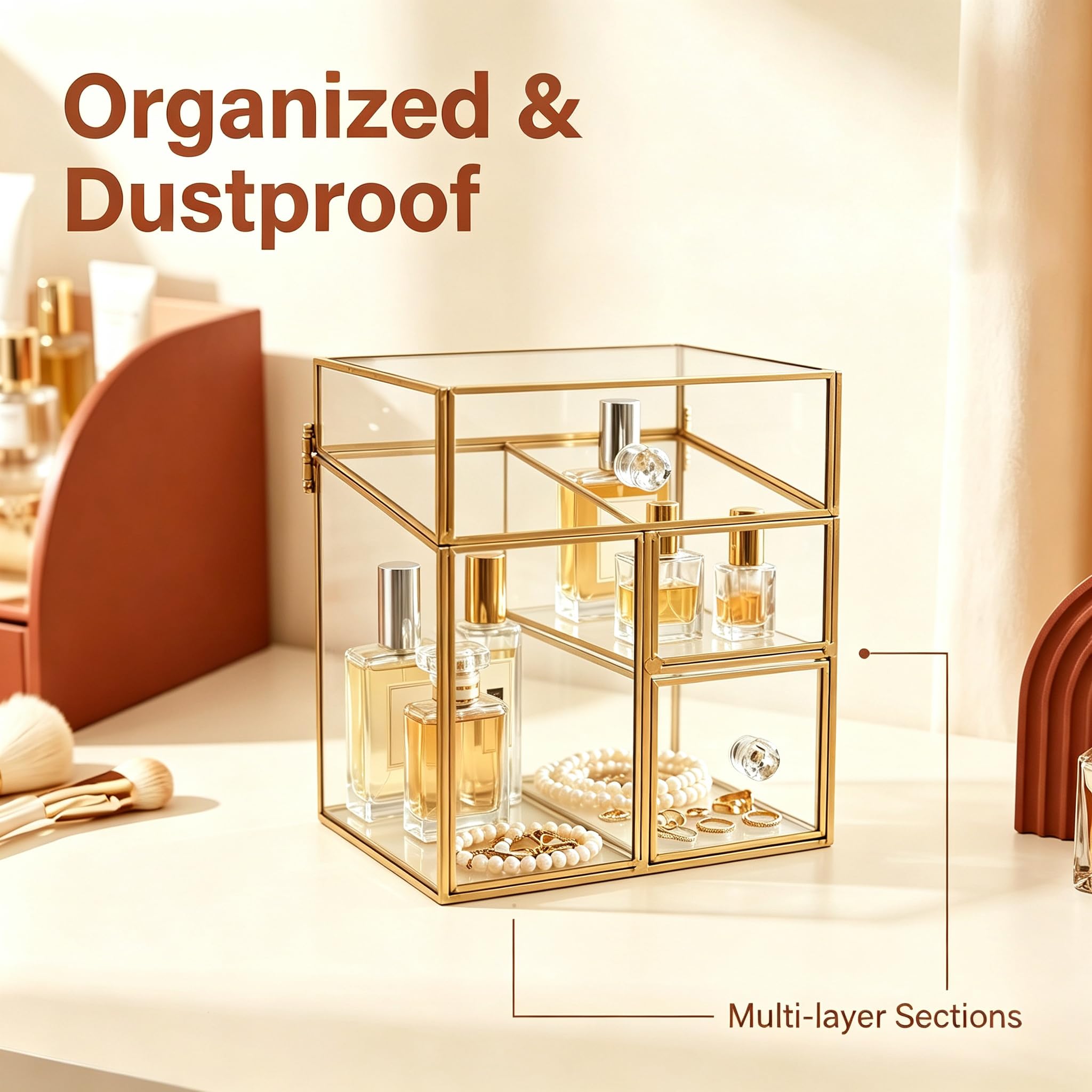 JIARI Organizador de maquillaje de vidrio con cajones, 6.88 x 5.31 x 7.87 pulgadas, acabado dorado, almacenamiento de cosméticos transparente, múltiples compartimentos, exhibición de tocador