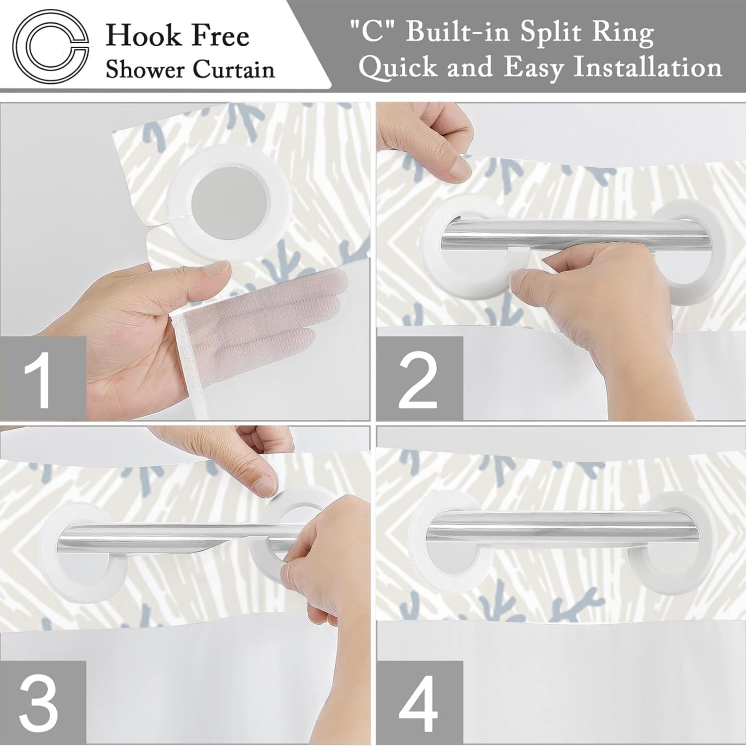 No Hook Shower Curtain with Snap in Liner, Hotel Style Blue Nautical Coastal Ocean Beach Seashell Starfish Themed Shower Curtain Waterpoof Washable with See Through Top Window,71"x74"