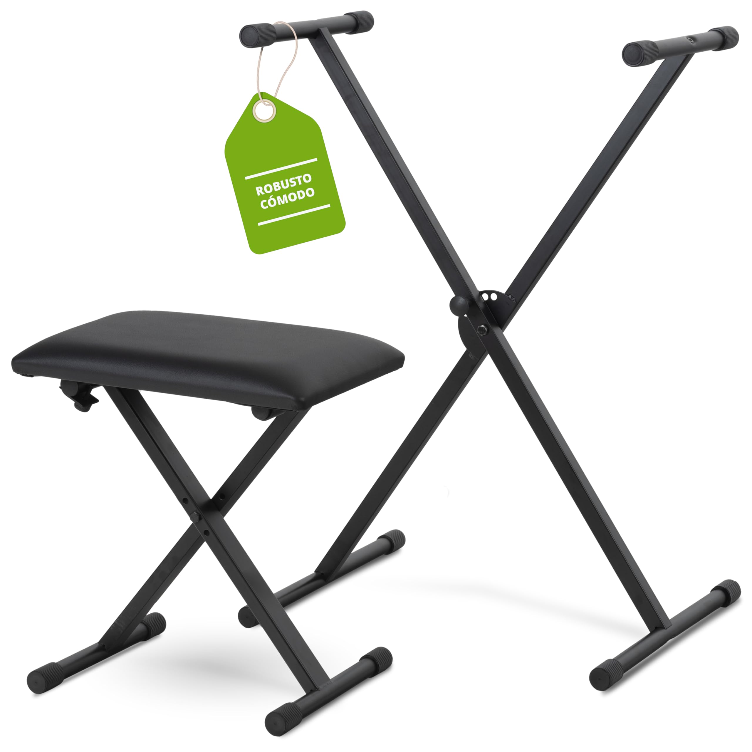 Classic Cantabile Set de Teclado Soporte de Teclado en X Ajustable en 5 Alturas - Banco para Teclado Acolchado Ajustable en 3 Alturas – Soporte Plegable Estable y banqueta cómoda - Negro