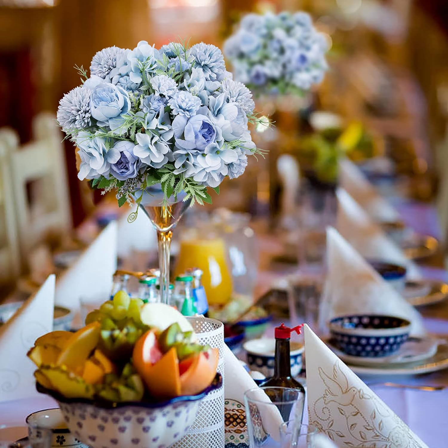 Artificial Flowers, 4 Packs Blue Fake Peony Silk Hydrangea Bouquet Decor Plastic Carnations Daisy Realistic Flower Home Office Party Decor Arrangements Wedding Decoration Table Centerpieces - Image 3