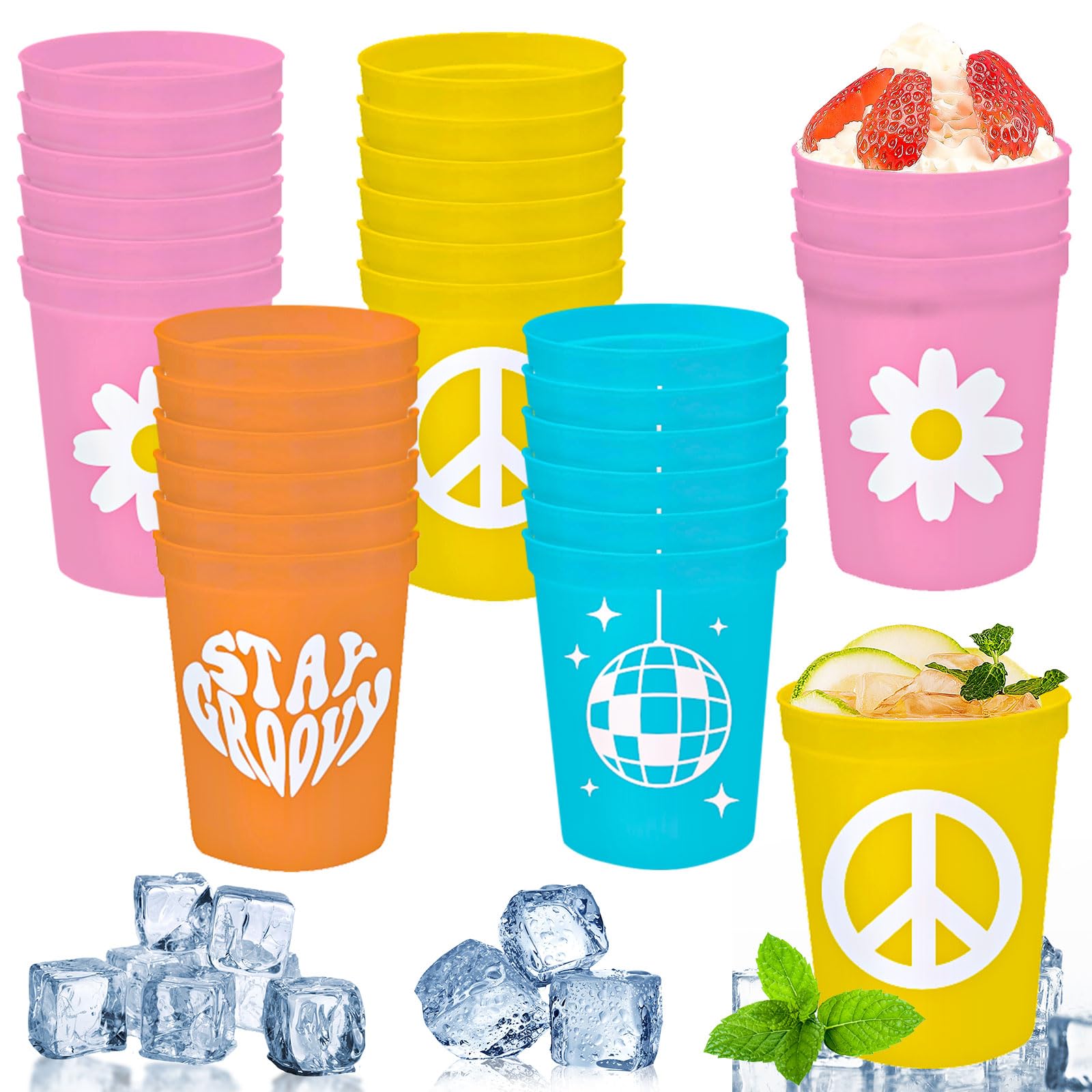 AnyDesign 24Pcs Groovy Plastic Cups 4 Designs Colorful Disposable Cups 16 Oz Party Supply Drinkware for Coffee Beer Beverage Snacks Candies