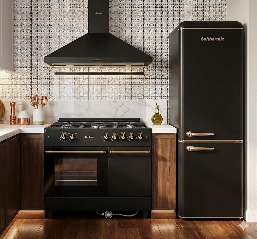 SOLTHERMIC 3 EN 1 COCINA PORTAMBONA NEGRA RUSTICA + CAMPANA DECORATIVA 90 CM + FCR188N 1,88 CM alto x 55 de ancho de 270 litros CAPACIDAD