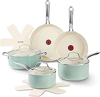 T-Fal Inspire 10-Piece Ceramic Nonstick Cookware Set, Mint Green, Oven-Safe 500°F, Even Heating