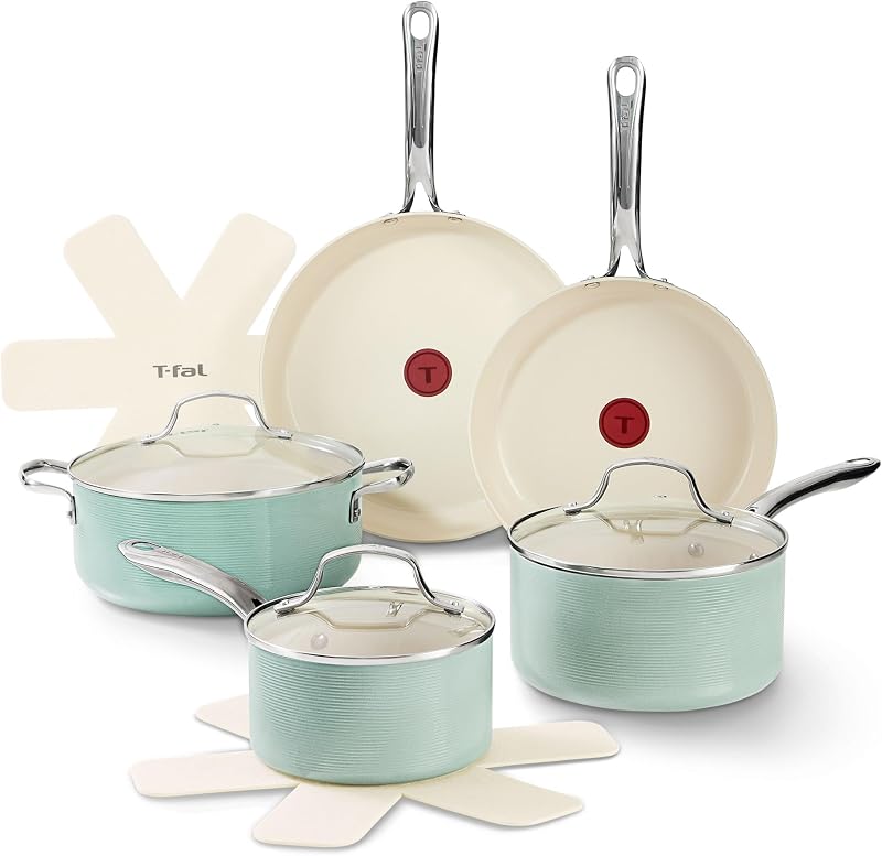 Inspire Nonstick Cookware Set, 10-Piece, Oven Safe to 500°F, Stockpot, Ceramic Pots and Pans Set, Frying Pans, Saucepans, Protectors, Mint Green
