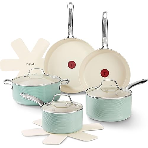 T-Fal Inspire Nonstick Ceramic Cookware Set, 10-Piece, Oven Safe to 500°F, Stockpot, Ceramic Pots and Pans Set, Frying Pans, Saucepans, Stockpot, Protectors, Mint Green